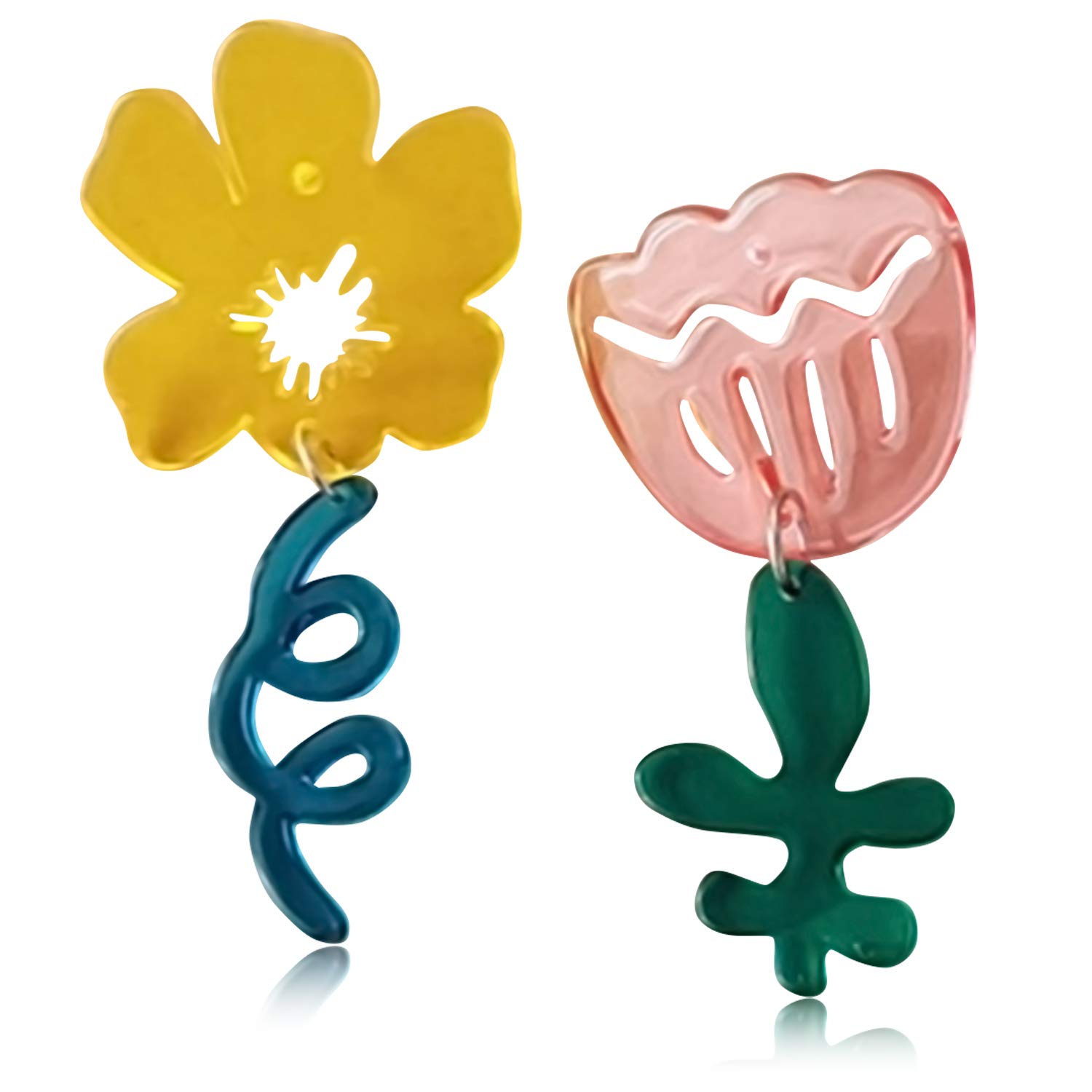 Unique Acrylic Asymmetric Transparent Rose Flower Stud Earrings - Lily Floral Dangle Drop Earrings for Women & Girls - Fashion Statement Jewelry Gifts (Red/Blue) - Perfect for Weddings, Parties & Everyday Wear
