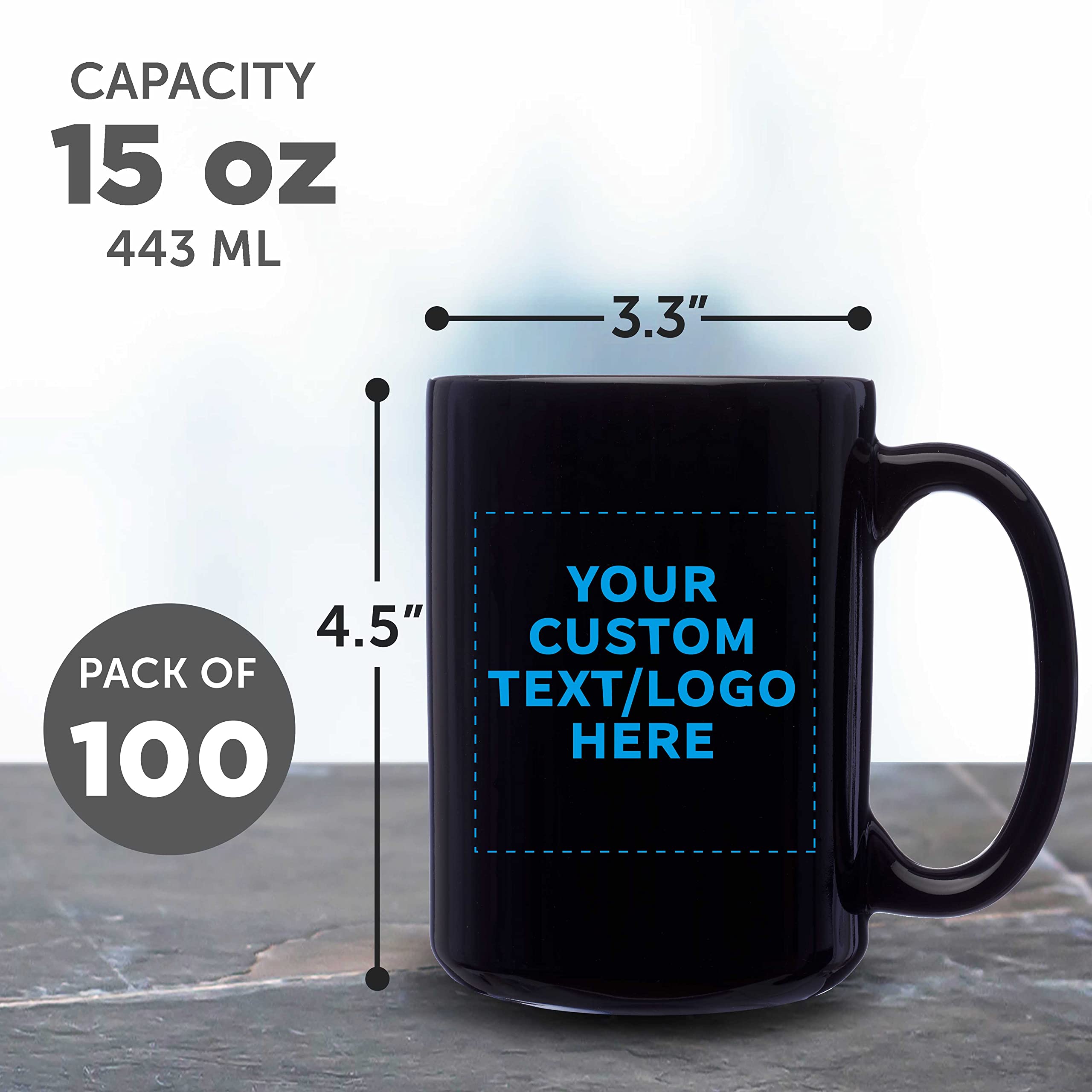 Custom Large 15 oz Ceramic Coffee Mugs - Bulk Set of 100 Personalized Black Mugs for Coffee, Tea, Espresso & Hot Cocoa - Ideal for Cafes, Restaurants, Corporate Gifts & Promotional Events