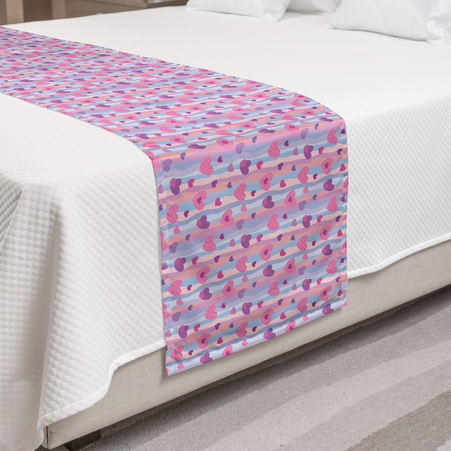 Ambesonne Love Bed Runner with Hearts - Valentine's Day Vertical Stripes Romantic Wedding Bedding Scarf | Decorative Accent for Hotels, Homes & Guest Rooms in Pale Mauve Purple | Perfect for Anniversary Gifts, Bedroom Decor & Bridal Shower Decorations