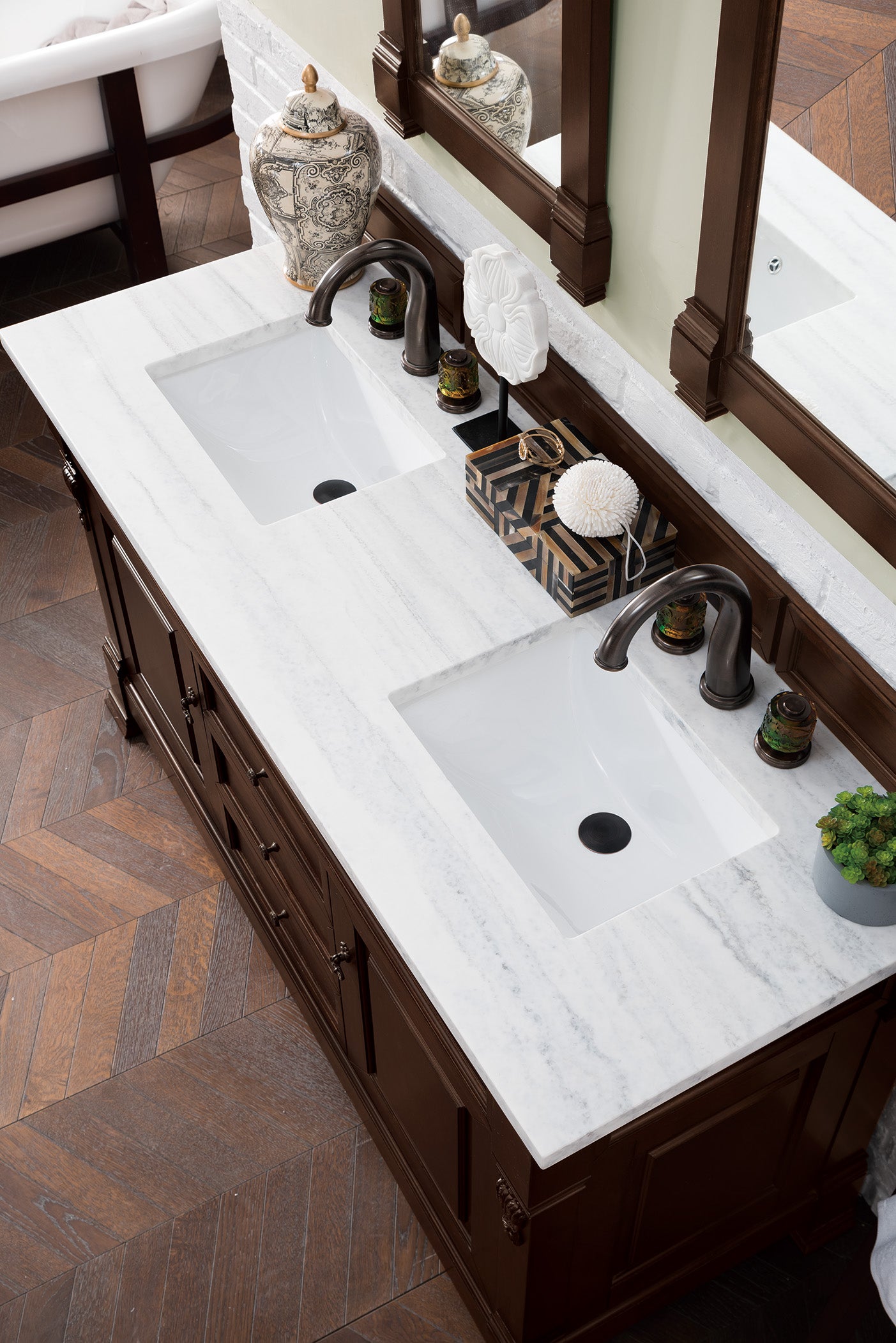 Brookfield 60-Inch Double Bathroom Vanity with Burnished Mahogany Cabinet & 3CM Arctic Fall Solid Surface Countertop - Perfect for Master Bathroom Renovation and Luxury Home Upgrade