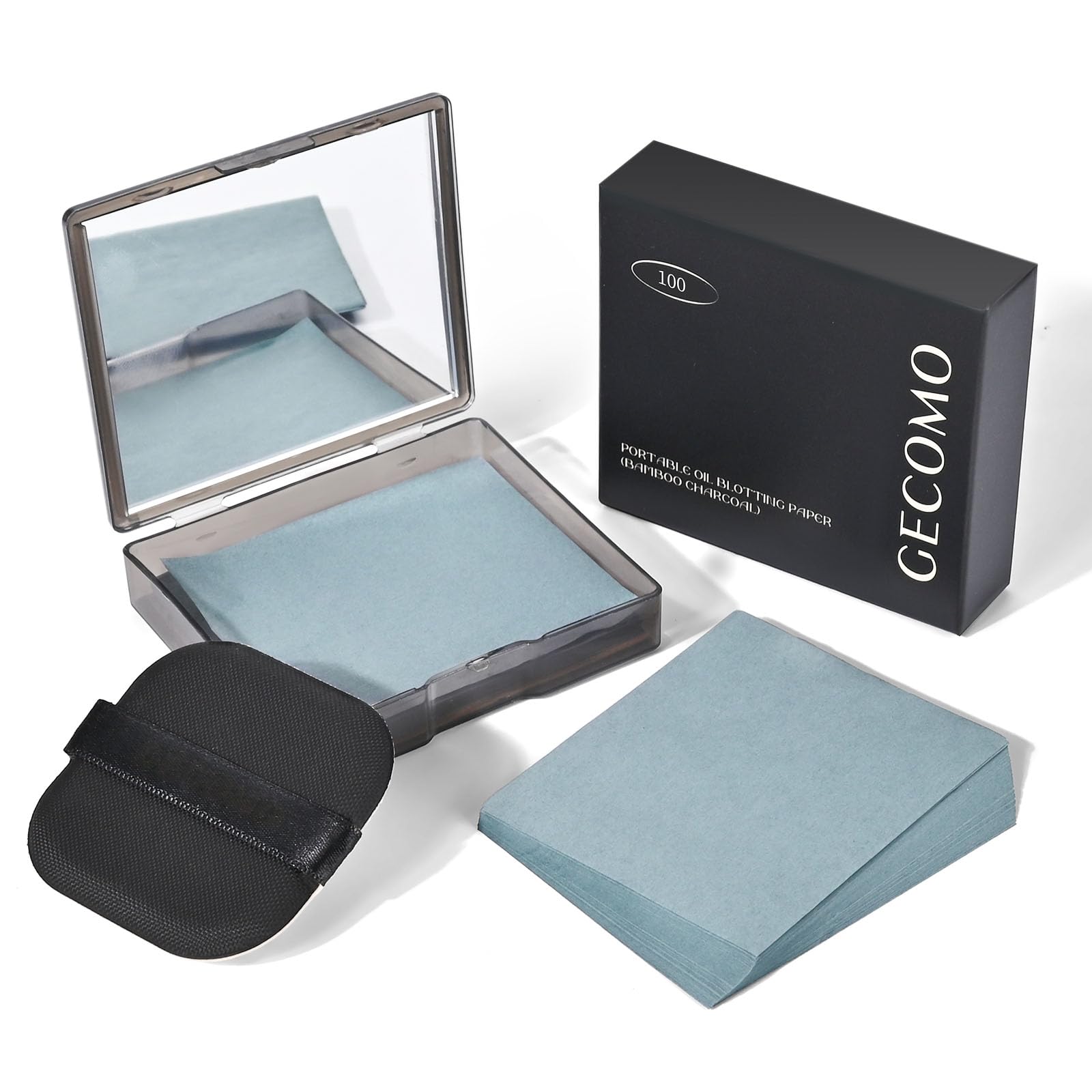 KYDA 200 Sheets Bamboo Charcoal Oil Blotting Paper with Mirror & Puff | Refillable Face Oil Absorbing Sheets | Makeup-Friendly Oil Control Paper for Shine-Free Skin | Travel Size Oil Blotting Film for On-the-Go Touch Ups | Perfect for Oily Skin, Acne-Prone Skin & Makeup Maintenance