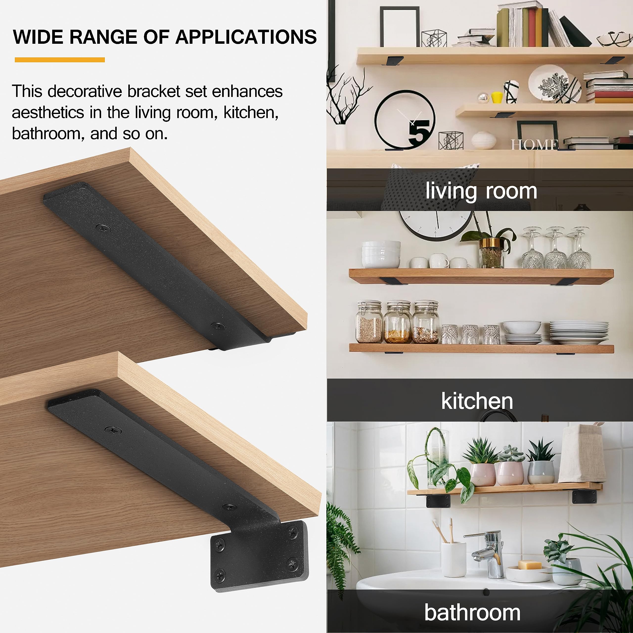 Heavy Duty Floating Shelf Brackets 8-Inch (1/5'' Thick) - Hidden Shelves Hardware, Cast Iron L Brackets - Rustic Industrial Black Metal Wall Shelving Supports (6 Pack) - Perfect for Living Room, Kitchen & Home Office Storage Solutions