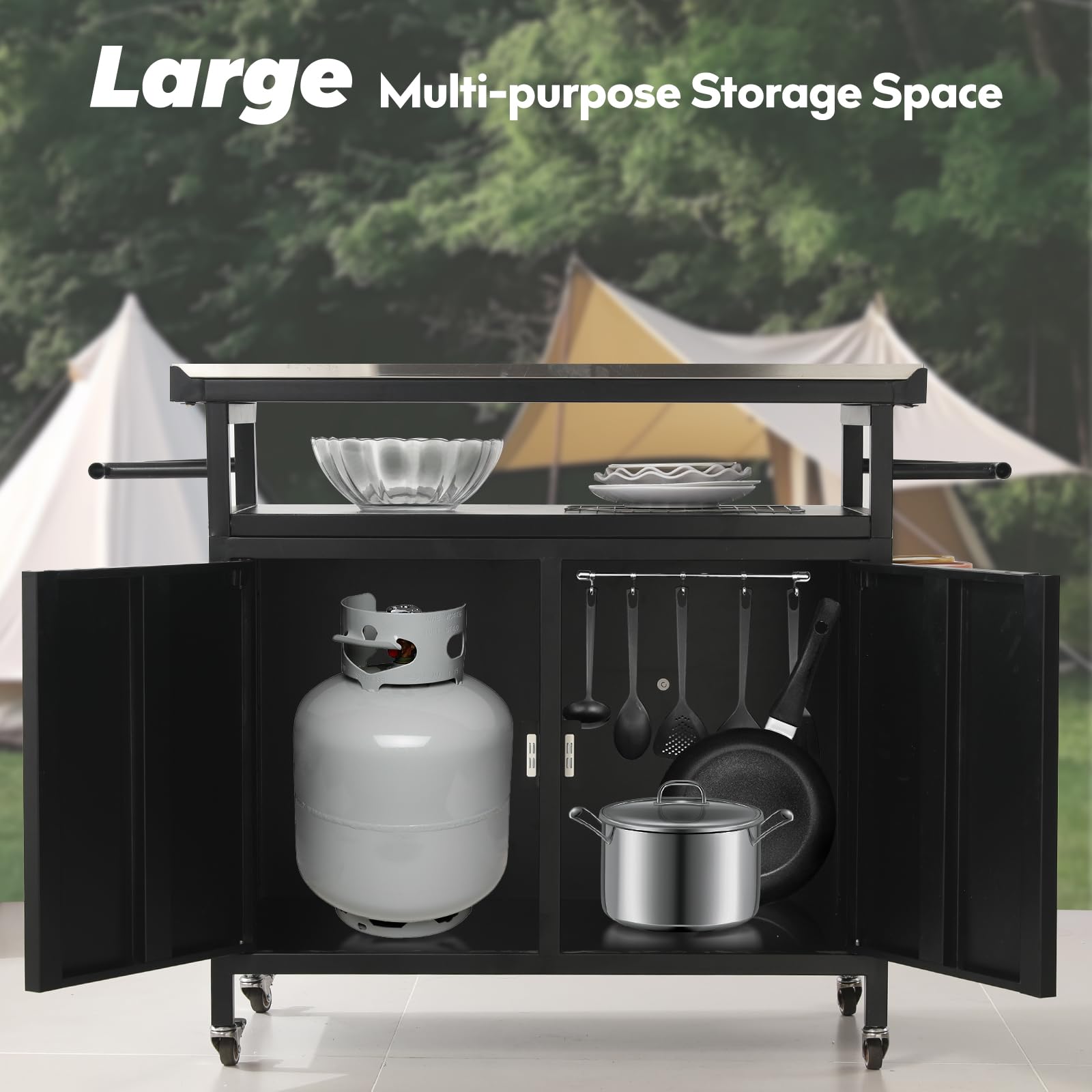 XL Rolling Bar Grill Cart - Outdoor Patio Furniture with Stainless Steel Top | Kitchen Prep & Grilling Accessories Storage Cabinet | Perfect for Backyard BBQs, Tailgating & Outdoor Entertaining - Black