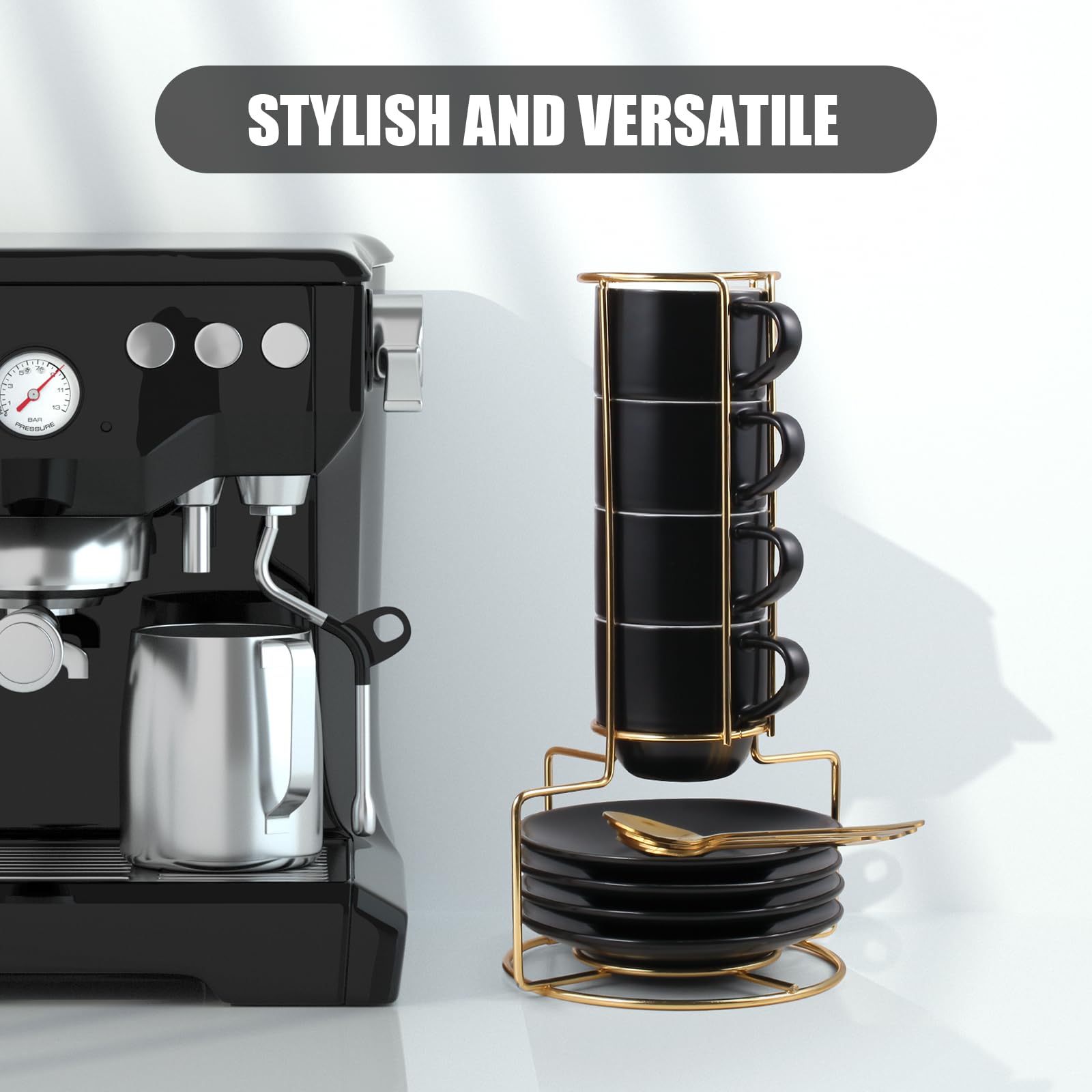 Lareina 4-Piece Espresso Cup Set with Saucers, Spoons & Metal Stand - 3oz Stackable Ceramic Demitasse Mugs for Nespresso, Black - Perfect for Home, Office & Coffee Shops