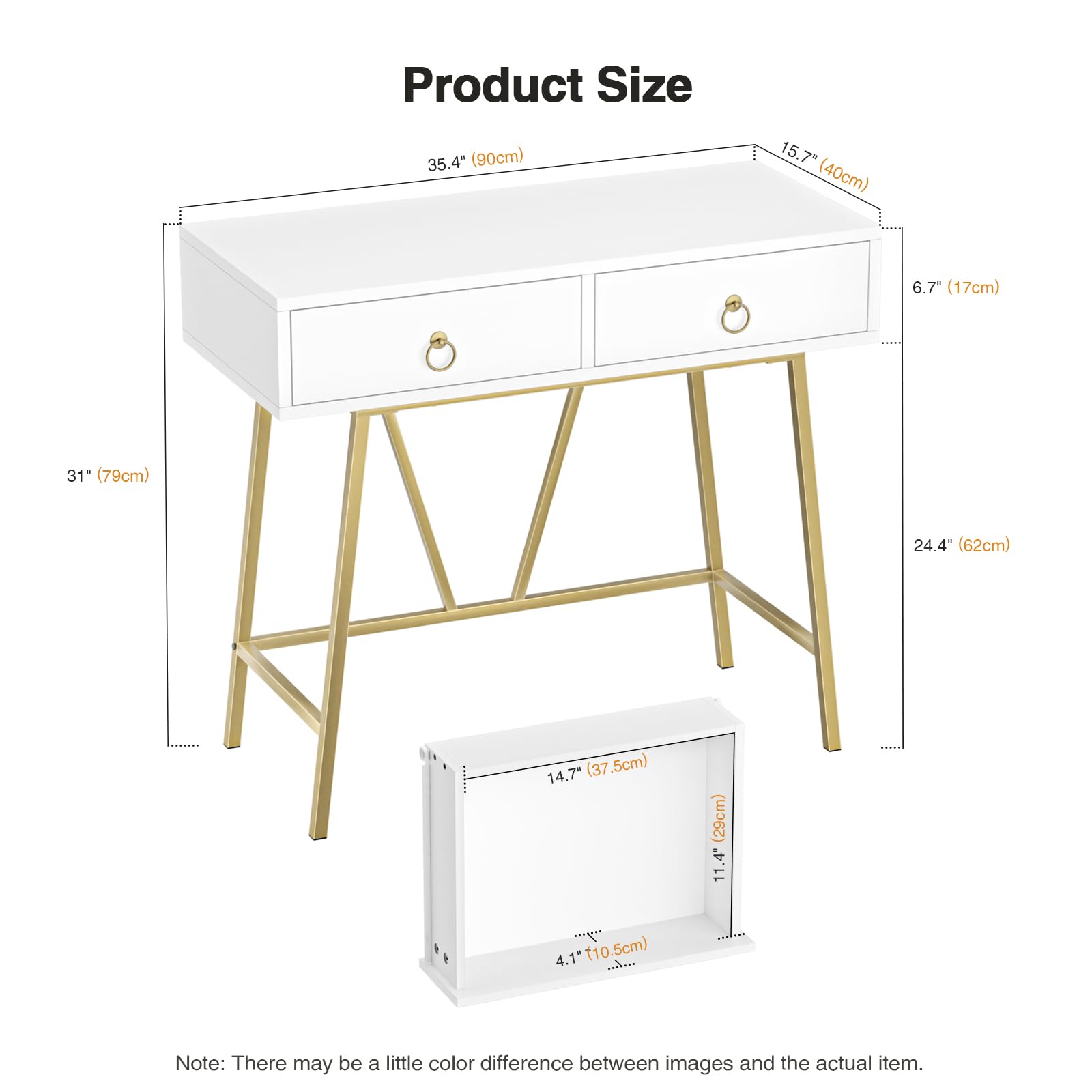 Anmytek 35.4 Inch Modern White Home Office Desk with 2 Drawers & Golden Legs - Study Writing Computer Makeup Vanity Table for Small Spaces, Dorm Room, Bedroom Workspace (Model D0002)