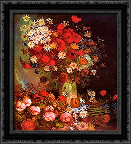 Vincent van Gogh Floral Canvas Art - 20x22 Inch Framed Vase Painting with Poppies, Cornflowers, Peonies & Chrysanthemums - Black Ornate Wood Wall Decor for Living Room, Bedroom & Office