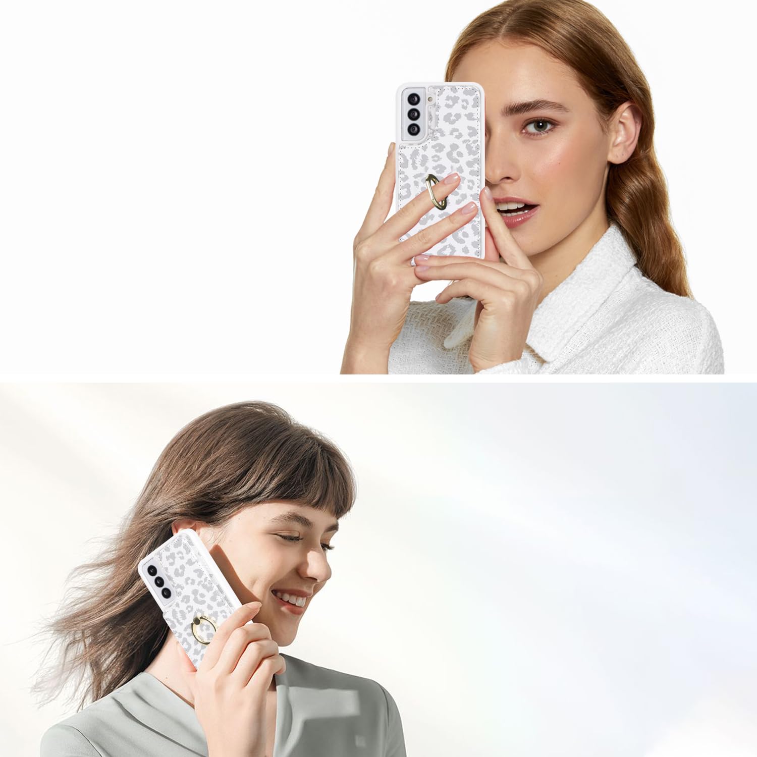 Samsung Galaxy S21 5G Wallet Case with Card Holder & Ring Stand - Cute White Leopard Design for Women (6.2