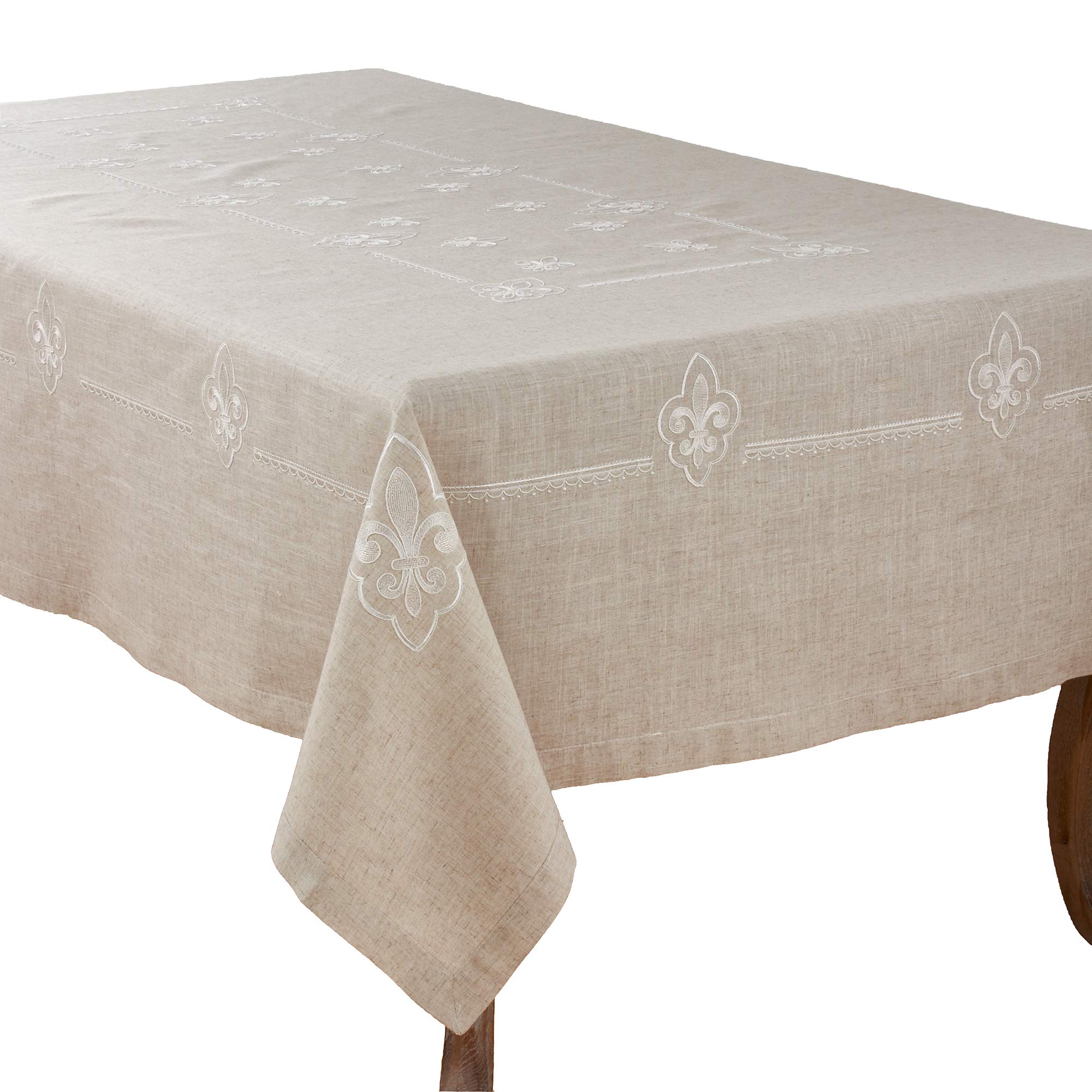 Fennco Styles Fabia Collection Elegant Embroidered Fleur de Lis Linen Blend Tablecloth - 69 x 180 Inch Natural Rectangular Table Cover for Dining Room, Wedding Banquet, Holiday Dinner & Home Decor | Perfect for Formal Events, Restaurant Setting & Special Occasions