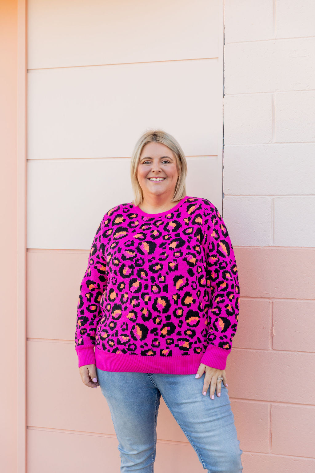 Kasey Rainbow Frankie Knit Sweater - Pink Leopard Print Women's Pullover | Cozy Winter Fashion for Casual Outings & Date Nights