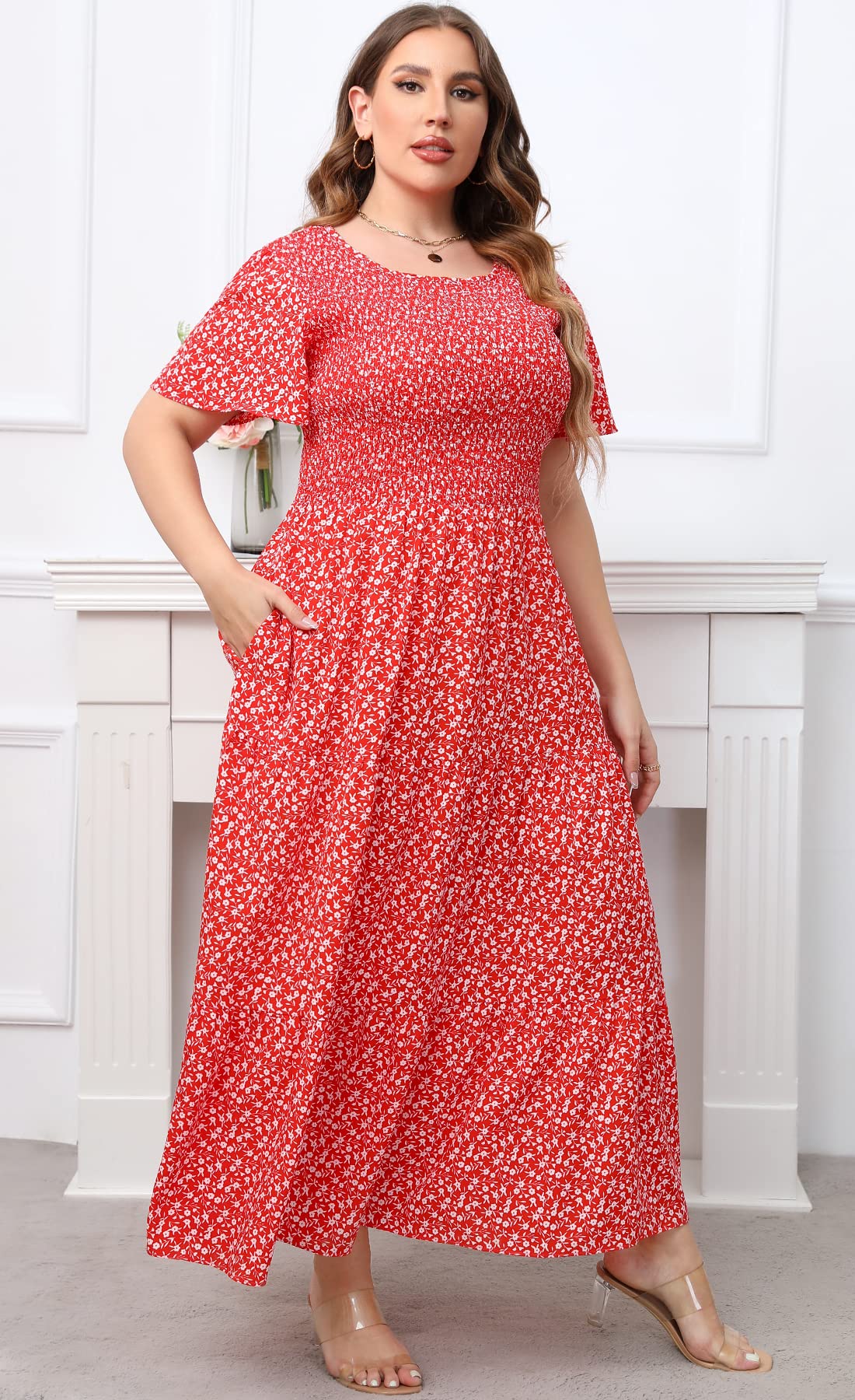 Plus Size Floral Maxi Dress for Women with Pockets, Smocked Waist & Flutter Sleeves - Tiered Boho Summer Dress for Beach, Vacation & Casual Wear