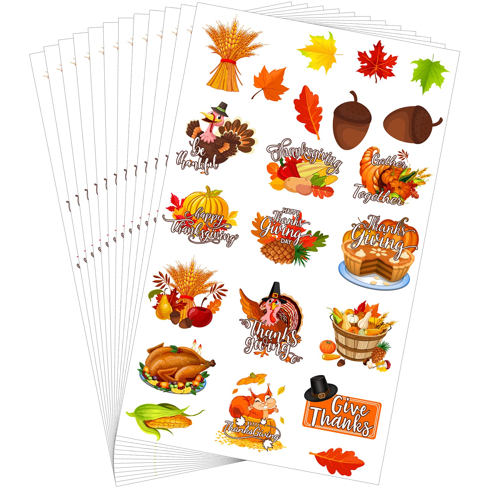 330-Piece Thanksgiving Sticker Set - Fall Autumn Turkey, Pumpkin, Maple Leaves, Squirrel & Corn Stickers for Thanksgiving Party Decorations, Scrapbooking, DIY Crafts & Holiday Greeting Cards