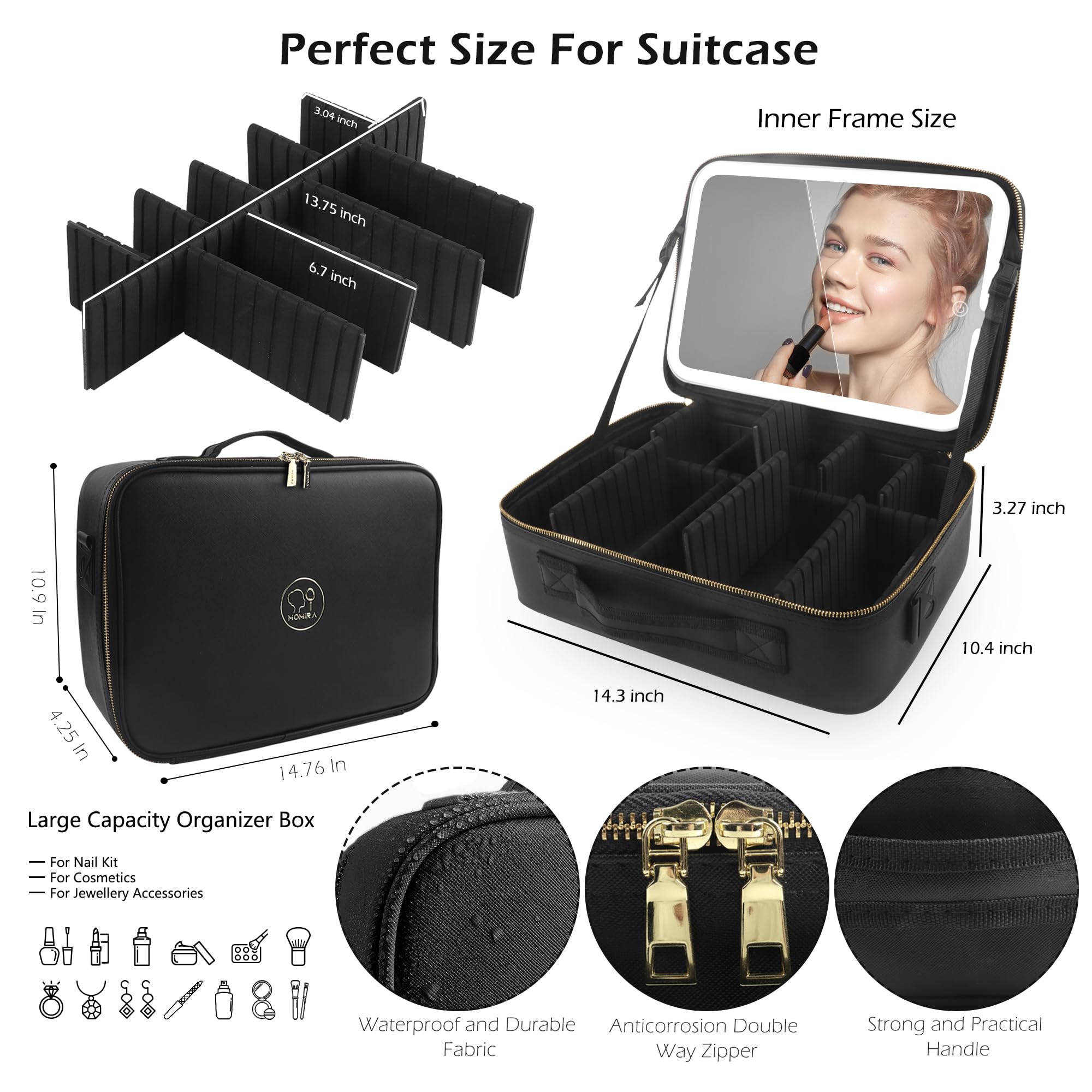 MOMIRA Travel Makeup Bag with LED Mirror - Large Cosmetic Organizer Case, 3 Color Modes & Adjustable Brightness, Waterproof Toiletry Bag for Women | Perfect for Travel, Home Use & Gift Giving