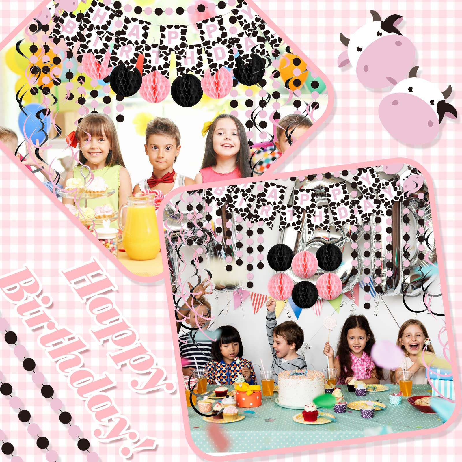 Pink Cow Themed Party Decorations Supplies - Happy Birthday Banner, Hanging Swirls, Round Paper Garland, Honeycomb Balls for Baby Showers, Kids Birthday & Farm Animal Ceiling Decor