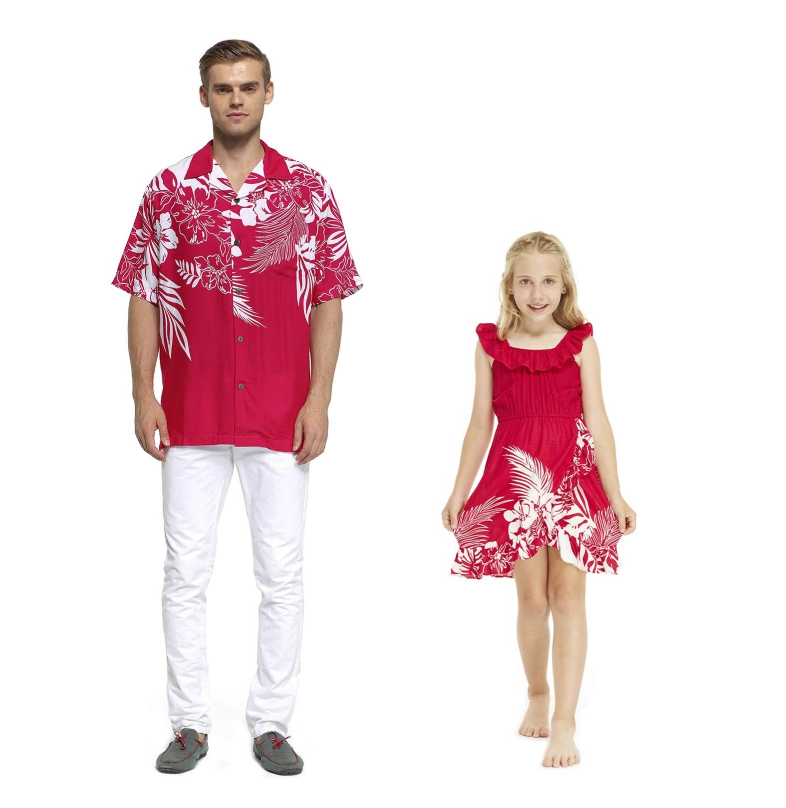 Hawaiian Luau Matching Outfit Set - Men's Aloha Shirt & Women's Wrap Dress in Indri Pink | Tropical Beach Party, Summer Vacation, Couple Photoshoot Outfits