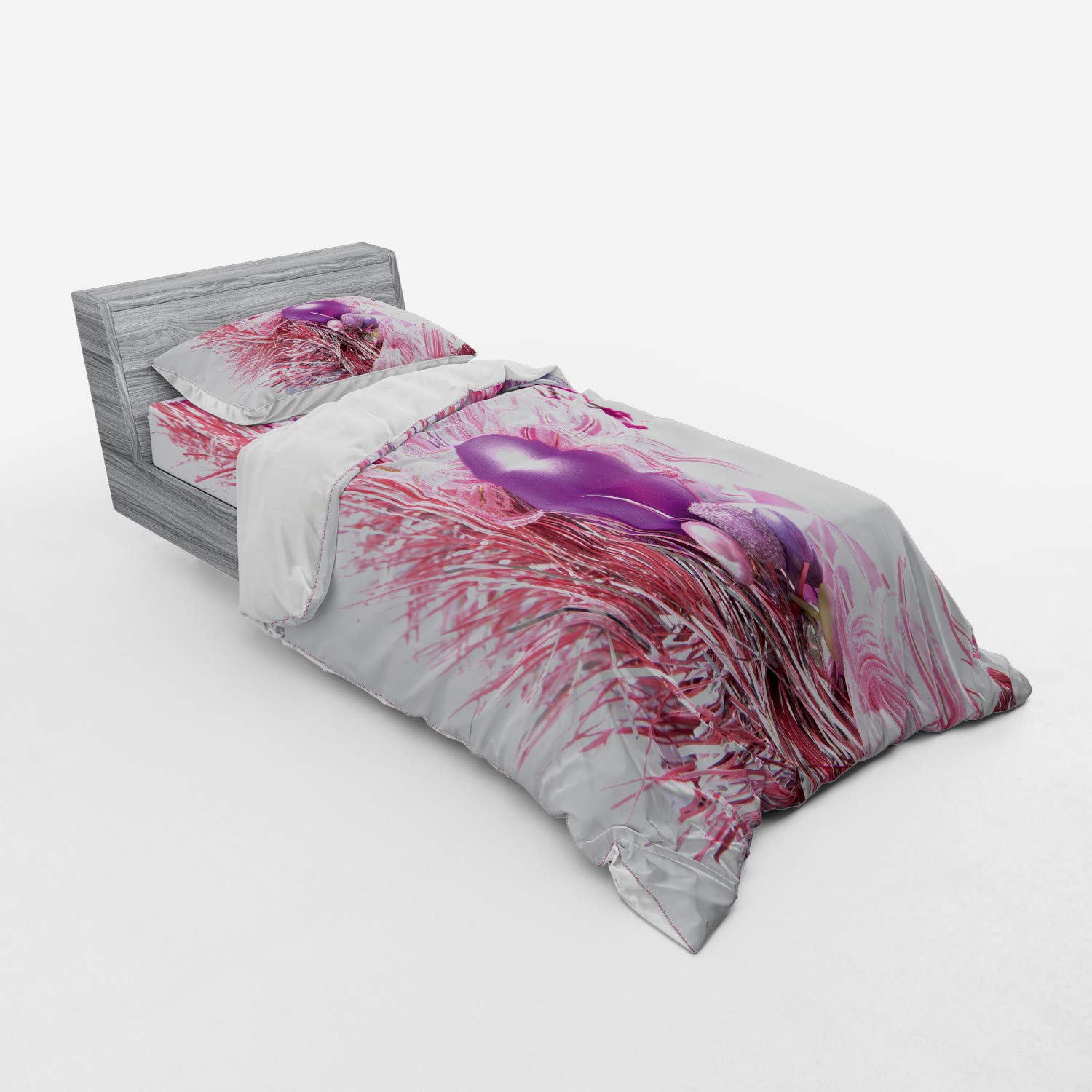 Ambesonne Christmas Duvet Cover Set - 3 Piece Bedding with Sham & Fitted Sheet, Twin Size, Pink & Purple Holiday Bells & Ribbon Bow Design - Perfect for Holiday Bedroom Decor, Christmas Gift & Winter Home Styling