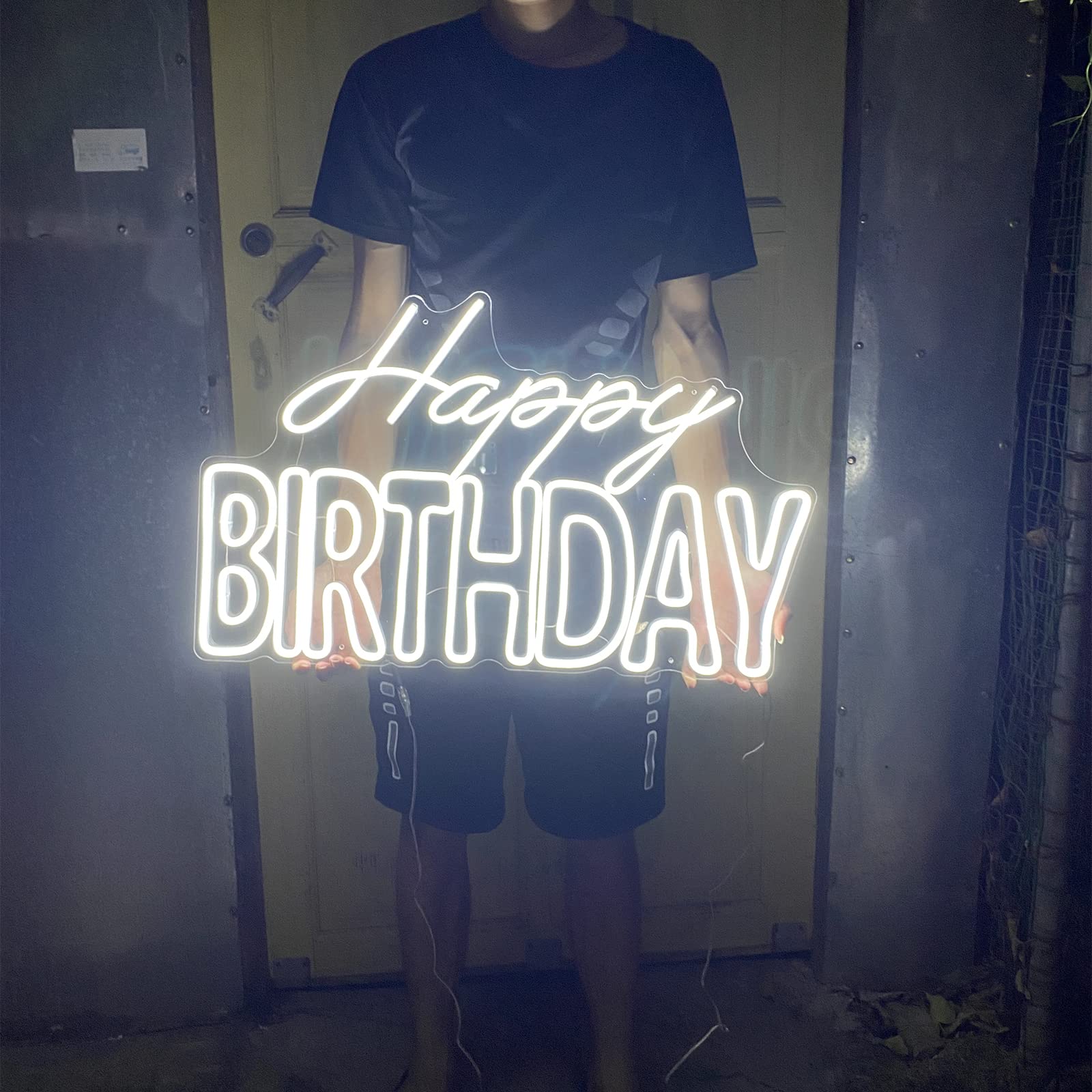27.5 x 17 Inches Happy Birthday Neon Sign - Large Wall Decor with Dimmer Switch, 12V Reusable Party Lights for Birthday, Wedding, Anniversary & Home Decor - Perfect for Indoor & Outdoor Celebrations (27.56 x 17.32in, White)