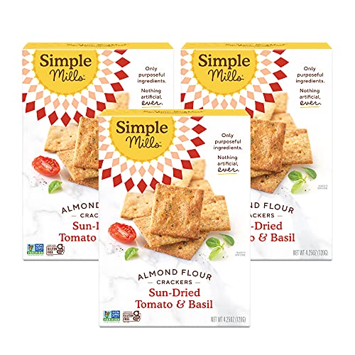 Simple Mills Almond Flour Crackers - Sundried Tomato & Basil | Gluten Free, Vegan, Plant Based Healthy Snacks | 4.25 Oz (3 Pack) | Perfect for Lunchboxes, Parties & Keto Diets