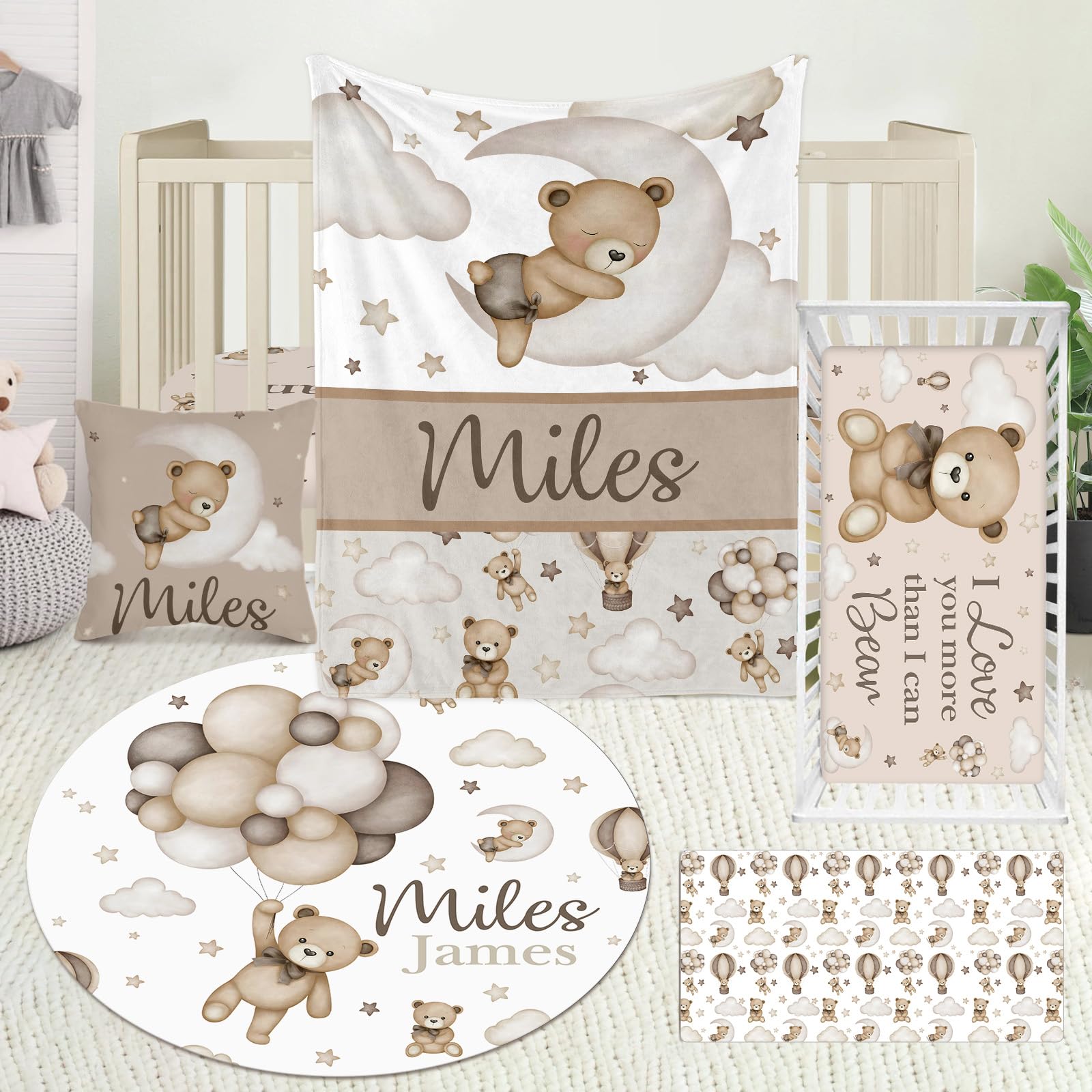 Personalized Balloon Bear 5-Piece Baby Crib Bedding Set - Custom Name Crib Sheets for Boys & Girls, Soft White Nursery Bedding | Perfect Newborn Gift & Baby Shower Present for Modern Parents