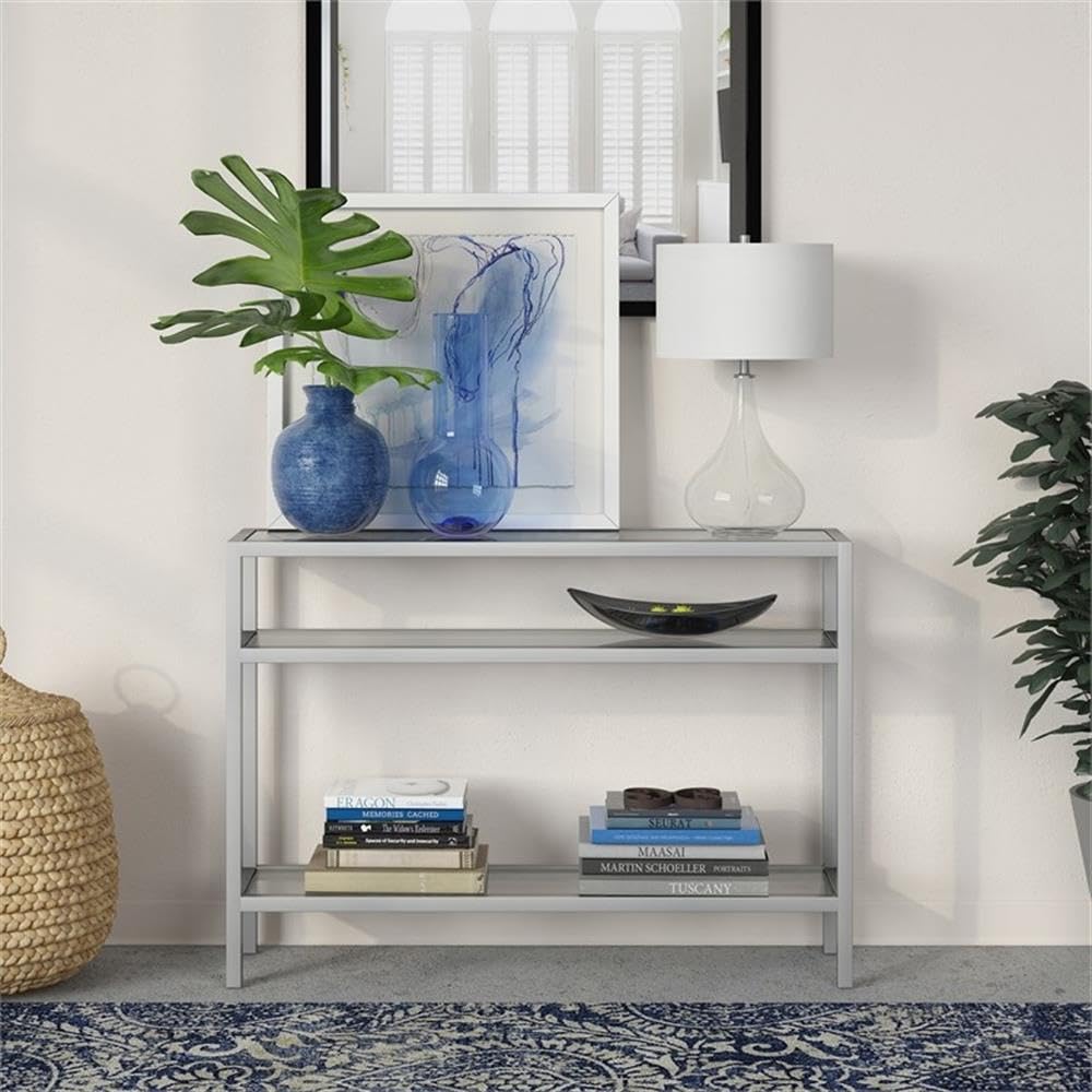 Pemberly Row Traditional 42 Inch 3-Shelf Metal Console Table in Satin Nickel & Gray - Perfect for Entryway, Living Room, or Hallway Decor