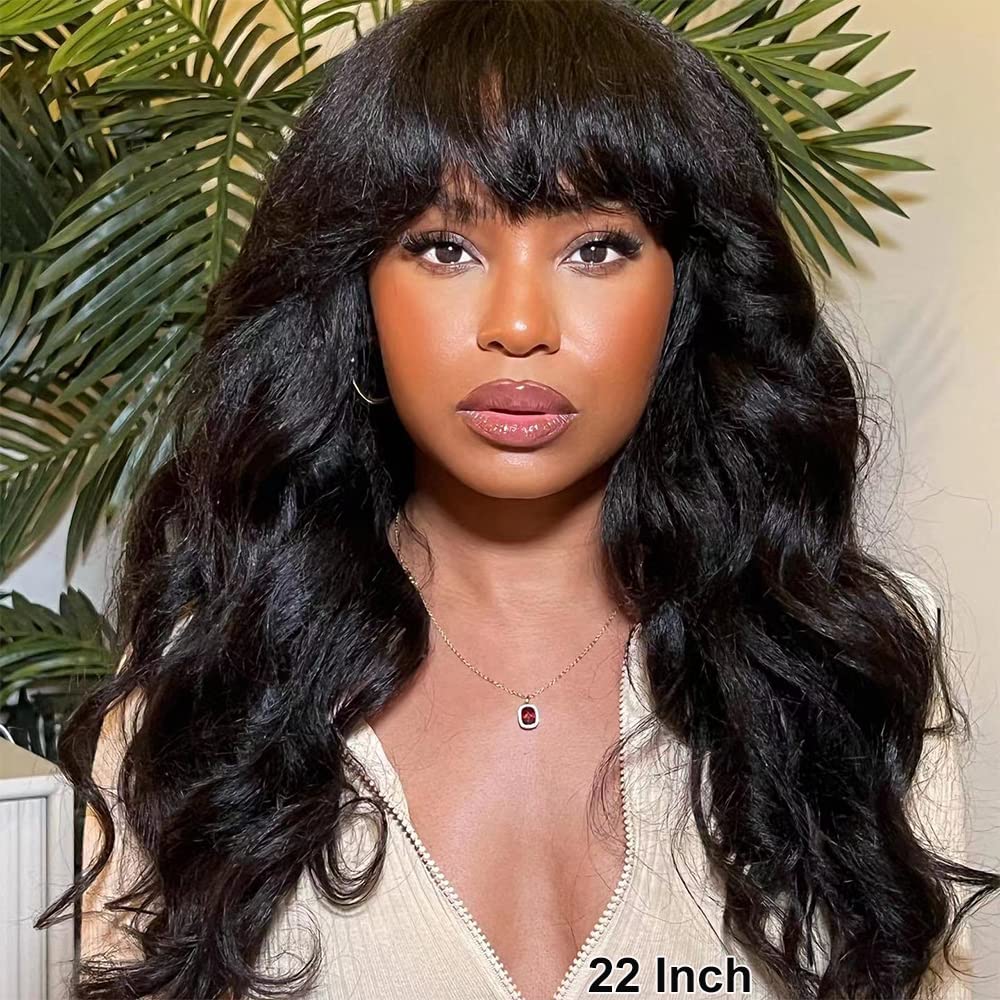 200% Density Yaki Wavy Brazilian Human Hair Wig with Scalp Top & Bangs | 16 Inch Remy Human Hair Machine Made Wig for Women | Natural Black Color | Perfect for Daily Wear, Cosplay & Special Occasions
