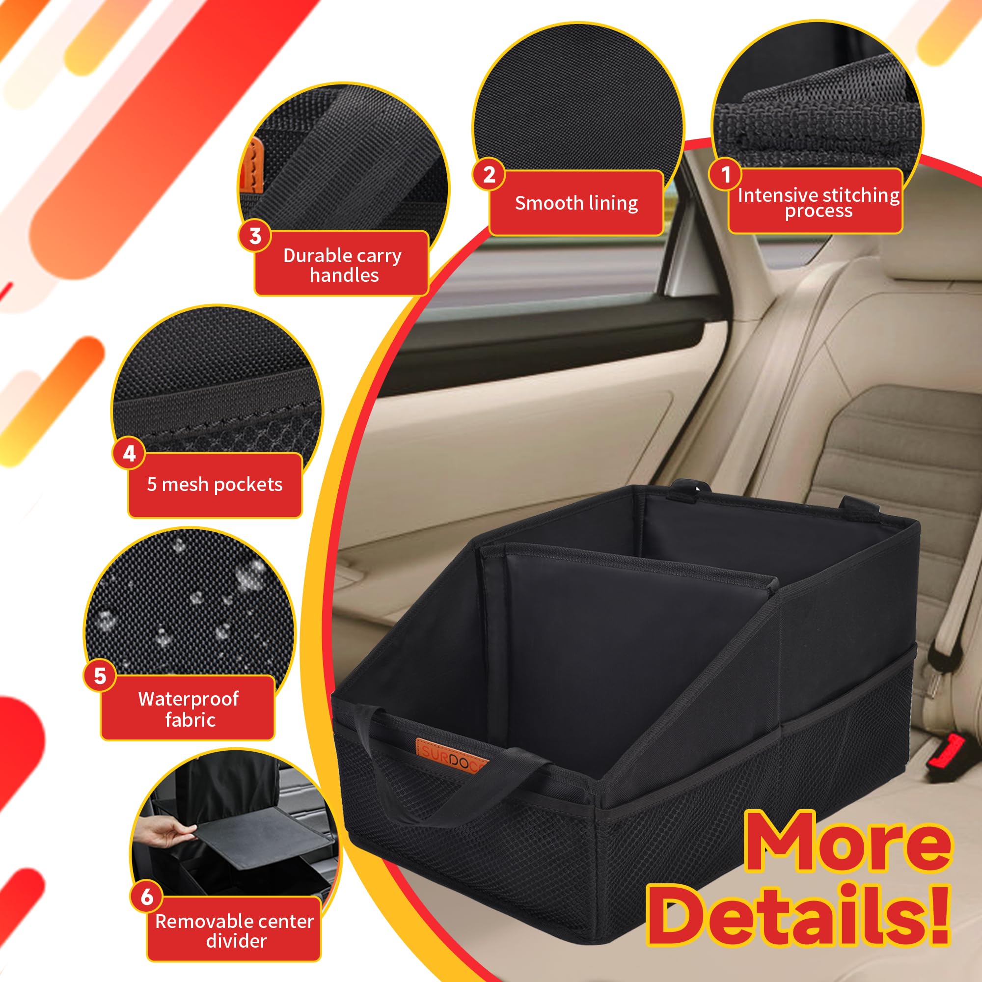 Upgraded SURDOCA Car Seat Organizer - Multi-Purpose Storage for Front Seat, Back Seat & Trunk - Car Caddy with Dividers for Kids Toys, Office Supplies & Travel Essentials - Perfect for Road Trips, Family Travel & Daily Commute