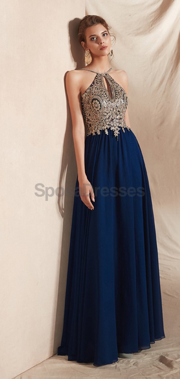 Elegant Navy Blue Gold Lace Beaded Chiffon Evening Gown - Formal Prom Dress for Women - Perfect for Homecoming, Ball, Wedding & Special Occasions