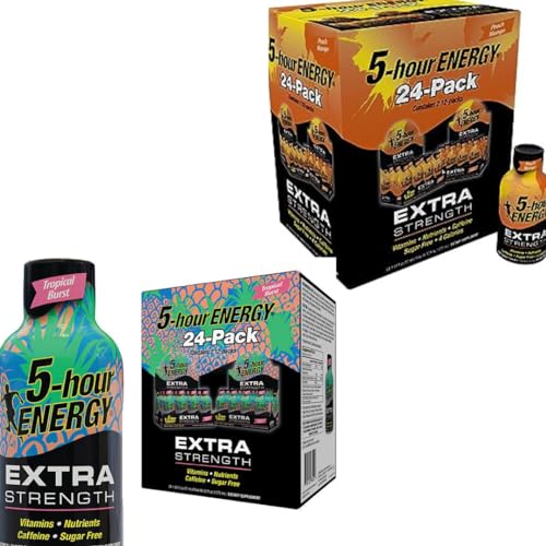 5-hour Energy Shot Extra Strength - 2 Pack (Peach Mango & Tropical Burst) 1.93oz, 24 Count Each | Energy Booster for Workouts, Study & Long Drives | Sugar-Free Caffeine Supplement