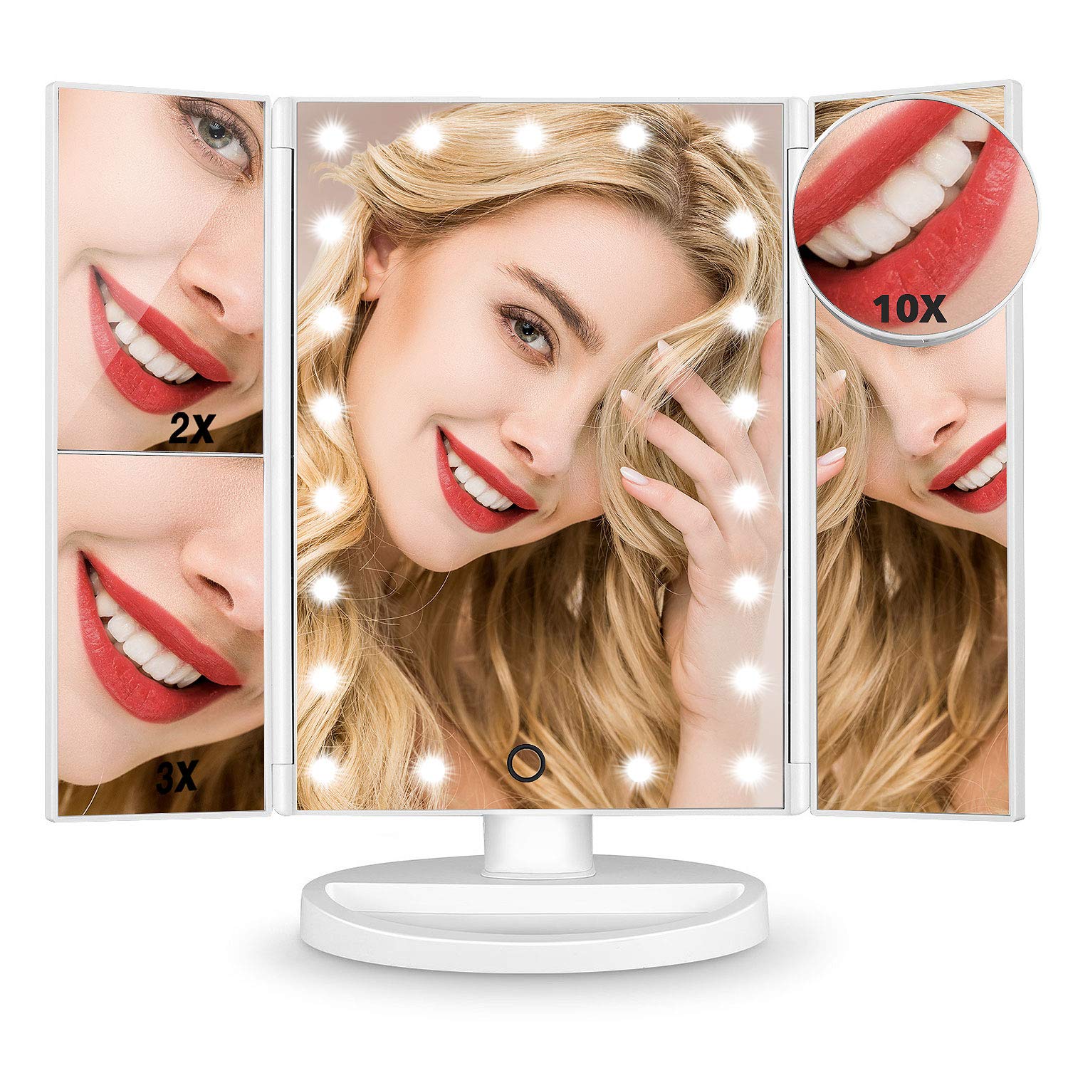 Professional LED Vanity Mirror with Lights - 1X/2X/3X/10X Magnification, Touch Control & Dual Power Supply - Portable Makeup Mirror for Women - Perfect for Home, Travel & Salon Use (White)