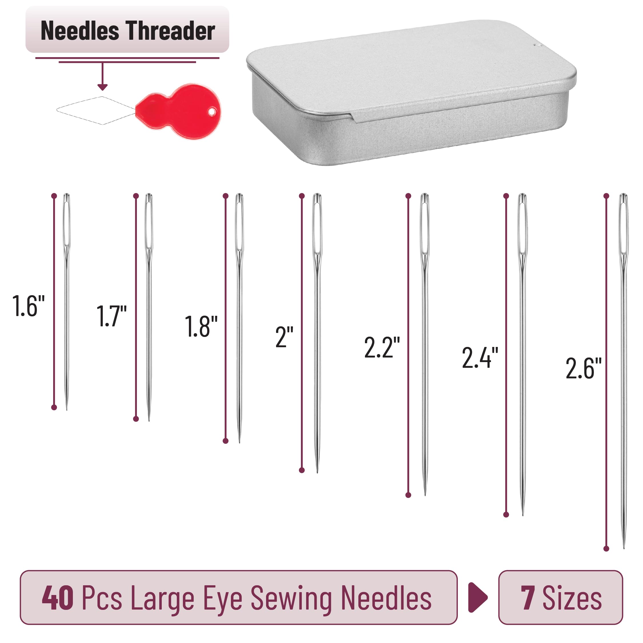 Mr. Pen Large Eye Hand Sewing Needles Set - 40 Pieces with 7 Sizes & Needle Threaders - Embroidery Needles for Quilting, Cross Stitch, Fabric Crafts - Perfect for DIY Sewing Projects & Home Mending