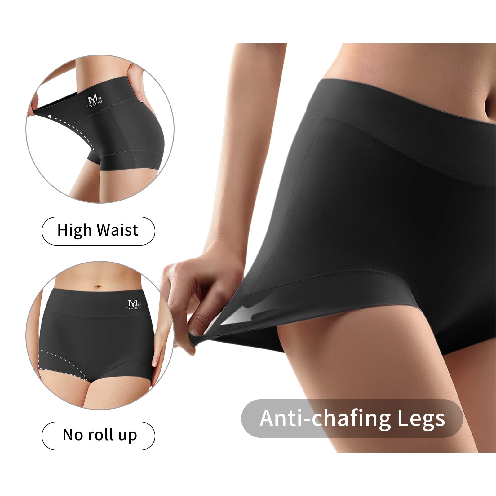 MEIYATING Women's High Waisted Cotton Boy Shorts Underwear - Soft Stretch Briefs 4 Pack - Comfortable Everyday Panties for Lounge, Sleep & Yoga
