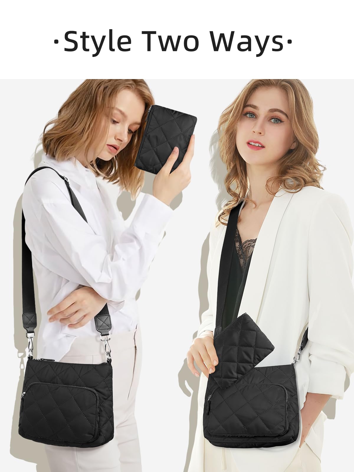 WESTBRONCO Quilted Crossbody Bag for Women with Multi Zipper Pockets - Nylon Purse & Wallet Set - Perfect for Travel, Shopping and Everyday Use