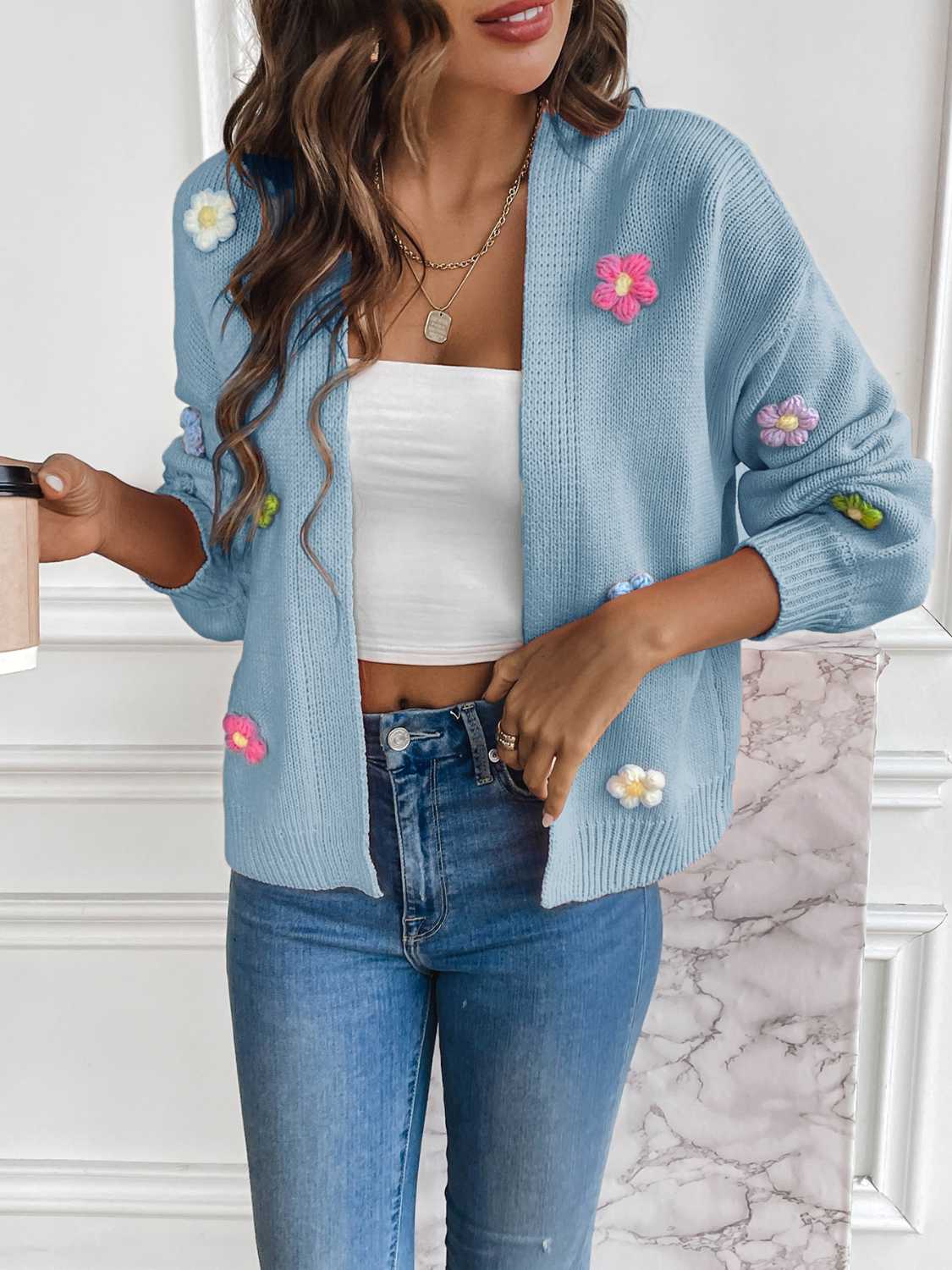 Stylish Floral Open Front Cardigan for Women - Lightweight Knit Cover-Up for Spring & Summer - Perfect for Layering, Office Wear, and Casual Outings