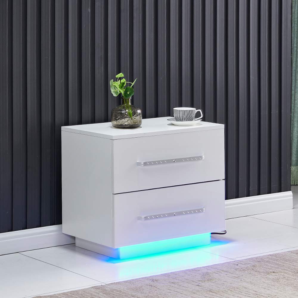 White Glossy Nightstand with 2 Drawers & LED Lights - Bedroom Side Table for Small Spaces