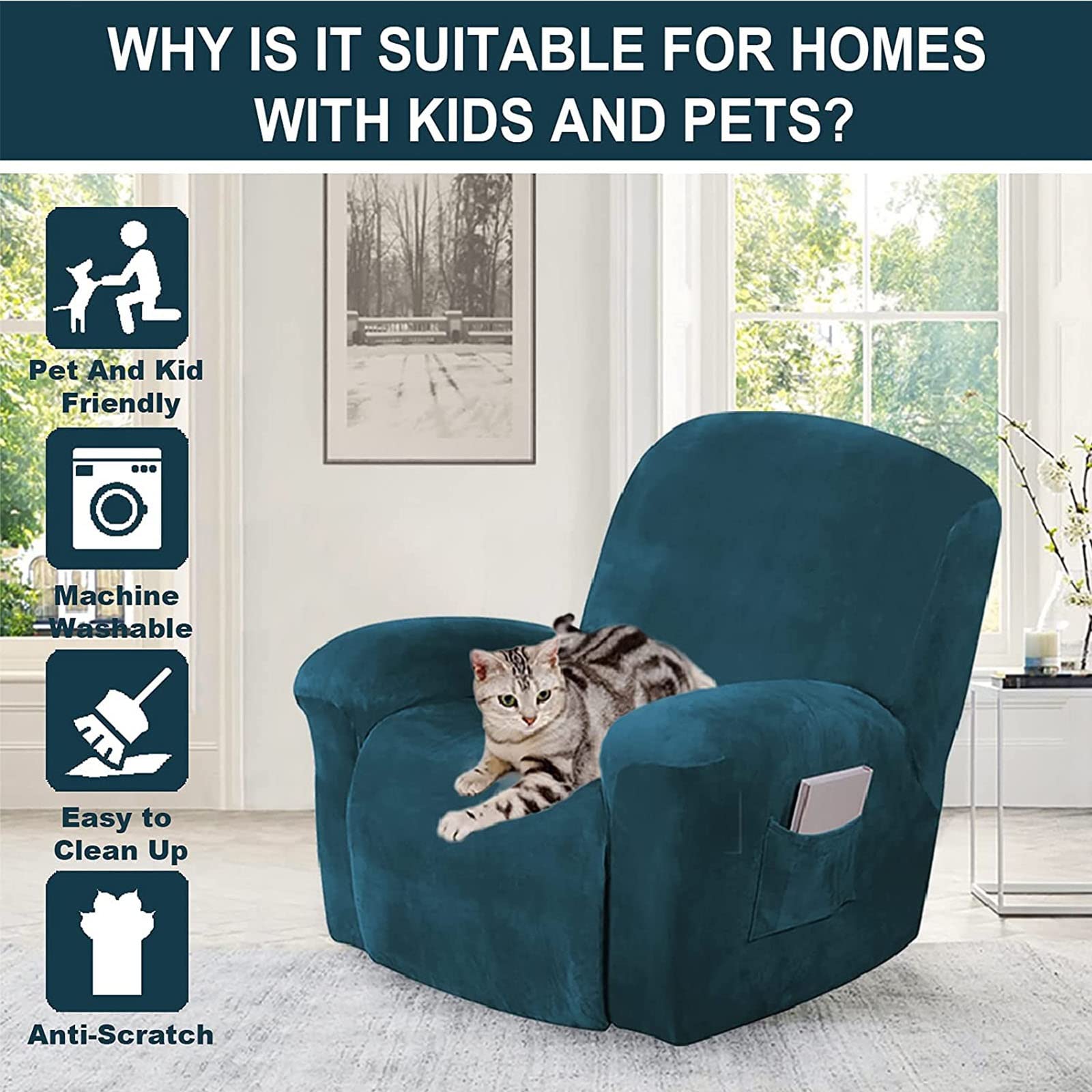 4-Piece Velvet Recliner Chair Covers - Stretch Furniture Protector for 1-Seater Armchairs, Sofas & Couches | Pet & Kid Friendly | Perfect for Living Room, Home Theater & Nursery (Fits Cats & Dogs)