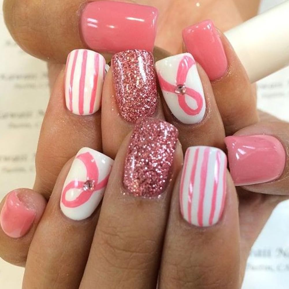 24Pcs Short Square Press on Fake Nails - Pink Rhinestone & Ribbon Designs for Breast Cancer Awareness - Glossy Acrylic Artificial Nails for Women & Girls - Perfect for Fundraisers, Parties & Everyday Wear