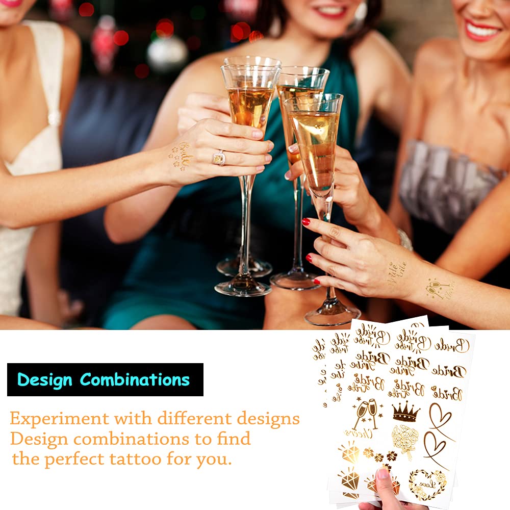 Bride Tribe Temporary Tattoos - Gold Metallic Henna Designs for Bachelorette Parties, Wedding Showers & Girls Night Out