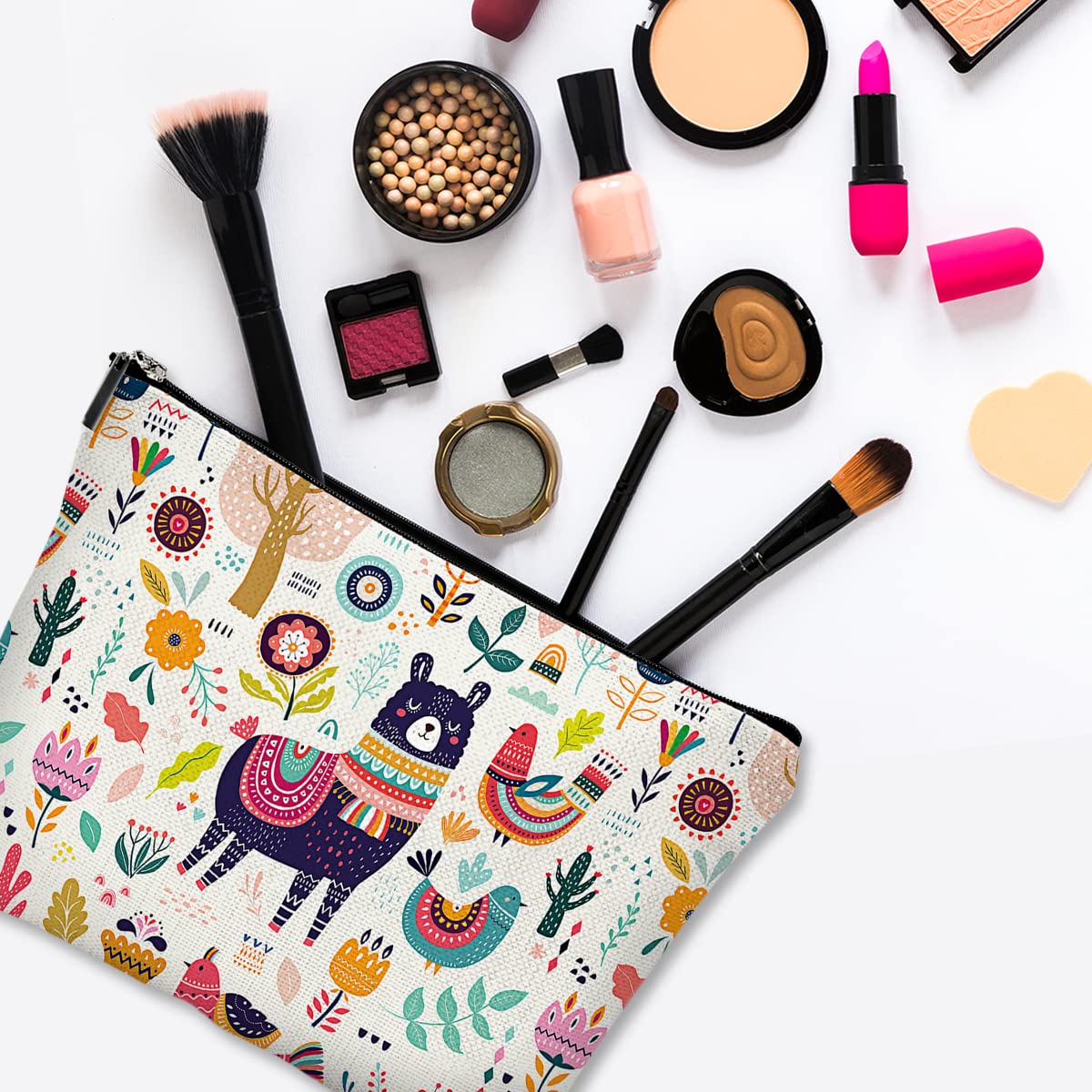 Waterproof Canvas Makeup Bag for Women - Cute Funny Cosmetic Pouch with Zipper for Travel & Purse | Alpaca Design Toiletry Organizer | Perfect for Daily Use, Gym, Vacation & Gift Giving