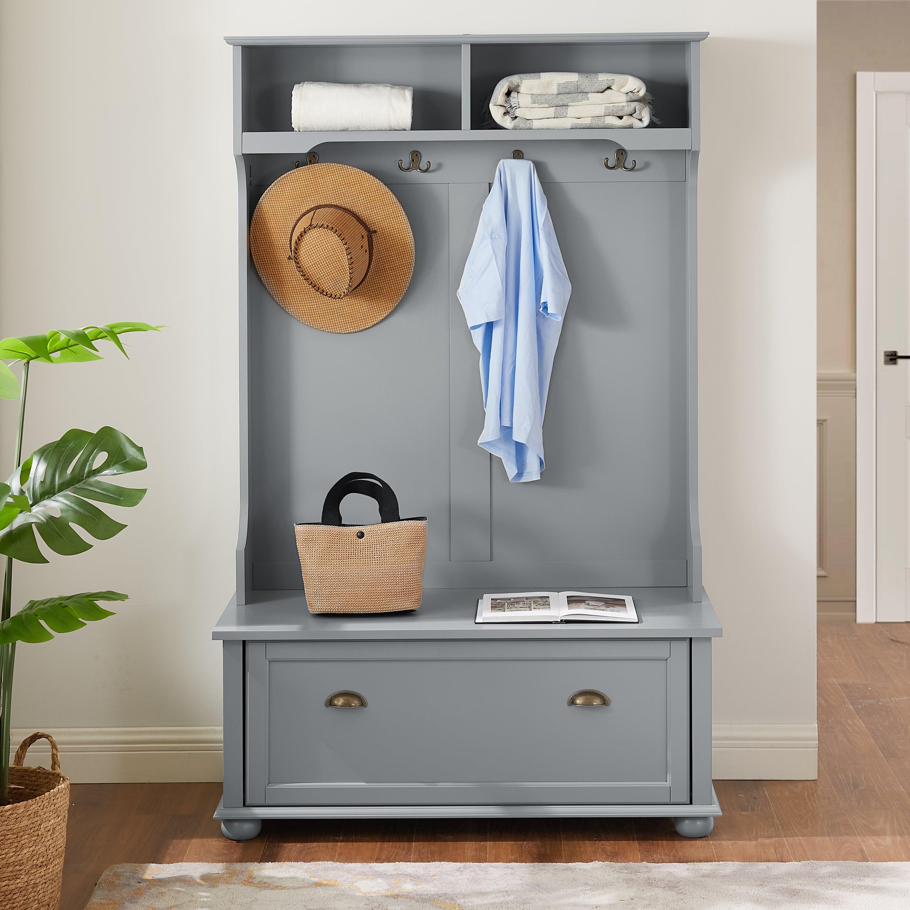 Classic Coastal Style Hall Tree Entryway Bench with Open Shelves & Shoe Storage - Solid Wood Feet, Gray (40W x 18.5D x 64.5H) - Perfect for Mudroom Organization & Small Space Entryway Decor