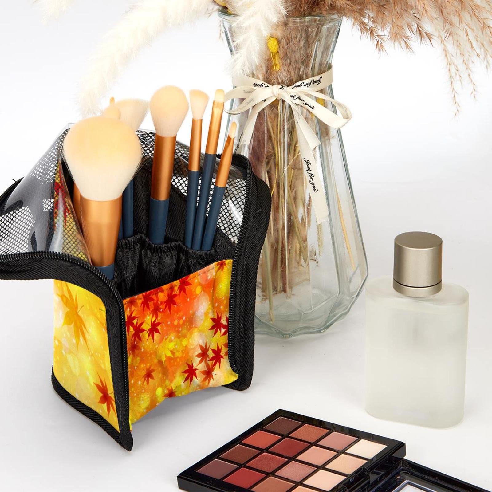 12-Piece Makeup Brush Organizer Bag with Autumn Leaves Design - Portable Cosmetic Brush Holder Case for Travel & Home Storage