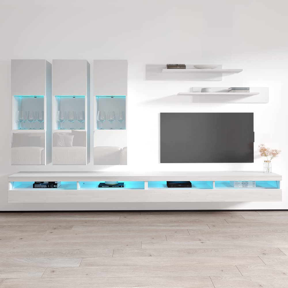 Modern Floating TV Stand with Storage & LED Lights - Wall-Mounted Entertainment Center Console for Bedroom & Living Room - White E2 35TV Stand with Shelves - Perfect for Small Spaces & Home Theater Setup