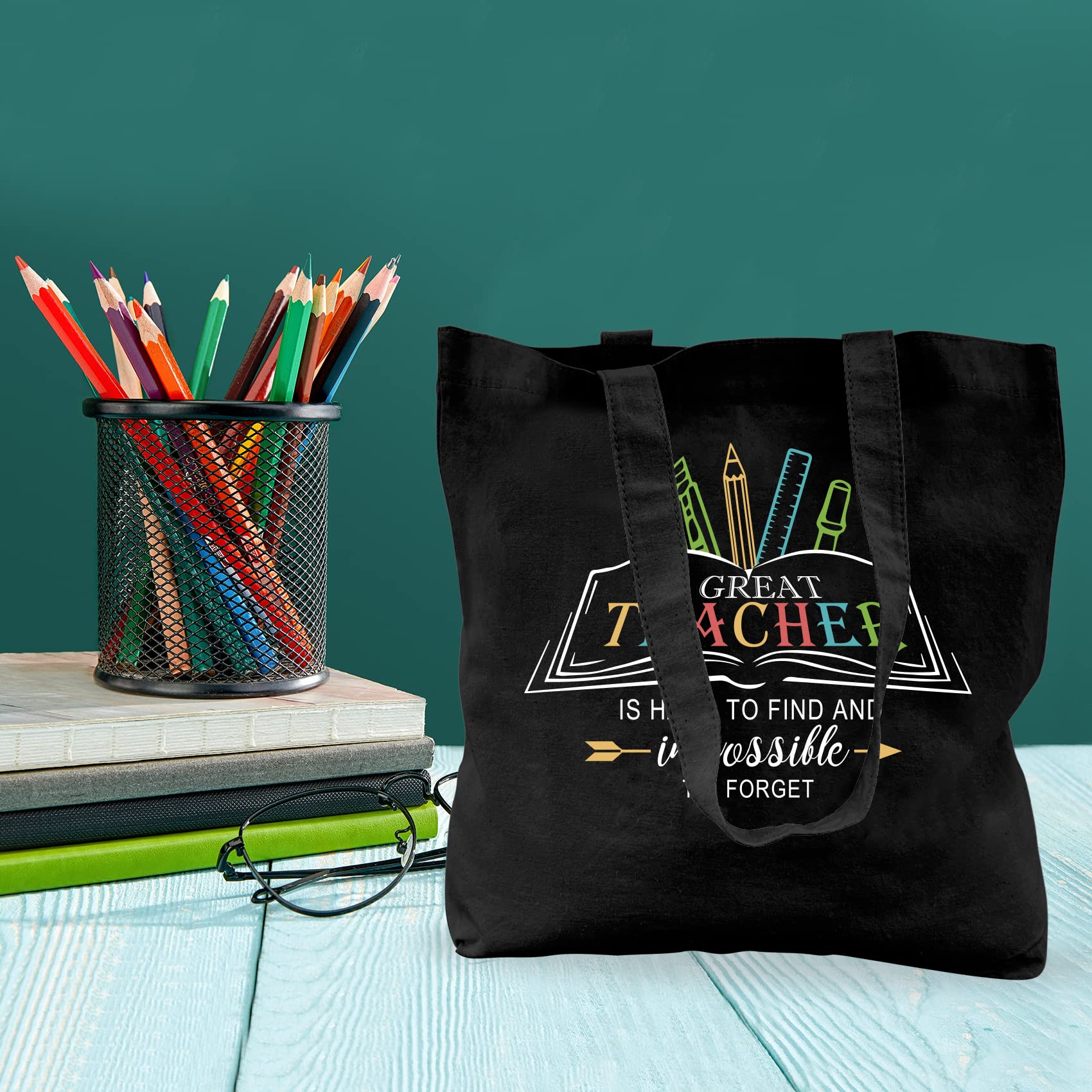Best Teacher Appreciation Gifts - Premium Canvas Tote Bag for Women with Pockets - Perfect for Graduation, Birthday, Christmas & Thanksgiving - Black Elegant Teacher Bag for Everyday Use, School & Shopping