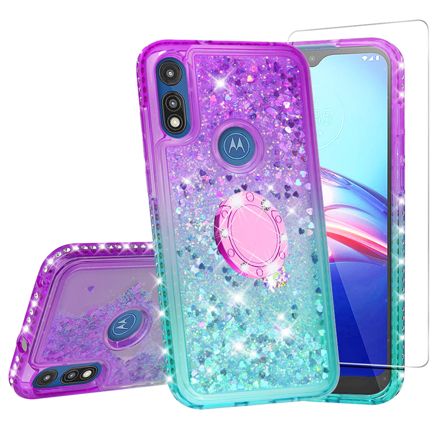 SOGA Rhinestone Liquid Quicksand Phone Case for Motorola Moto E7 - Sparkly Glitter Cover with Magnetic Ring Holder for Car Mount & Lanyard, Purple Teal Gradient - Perfect for Girls, Women, Daily Use & Gift Giving