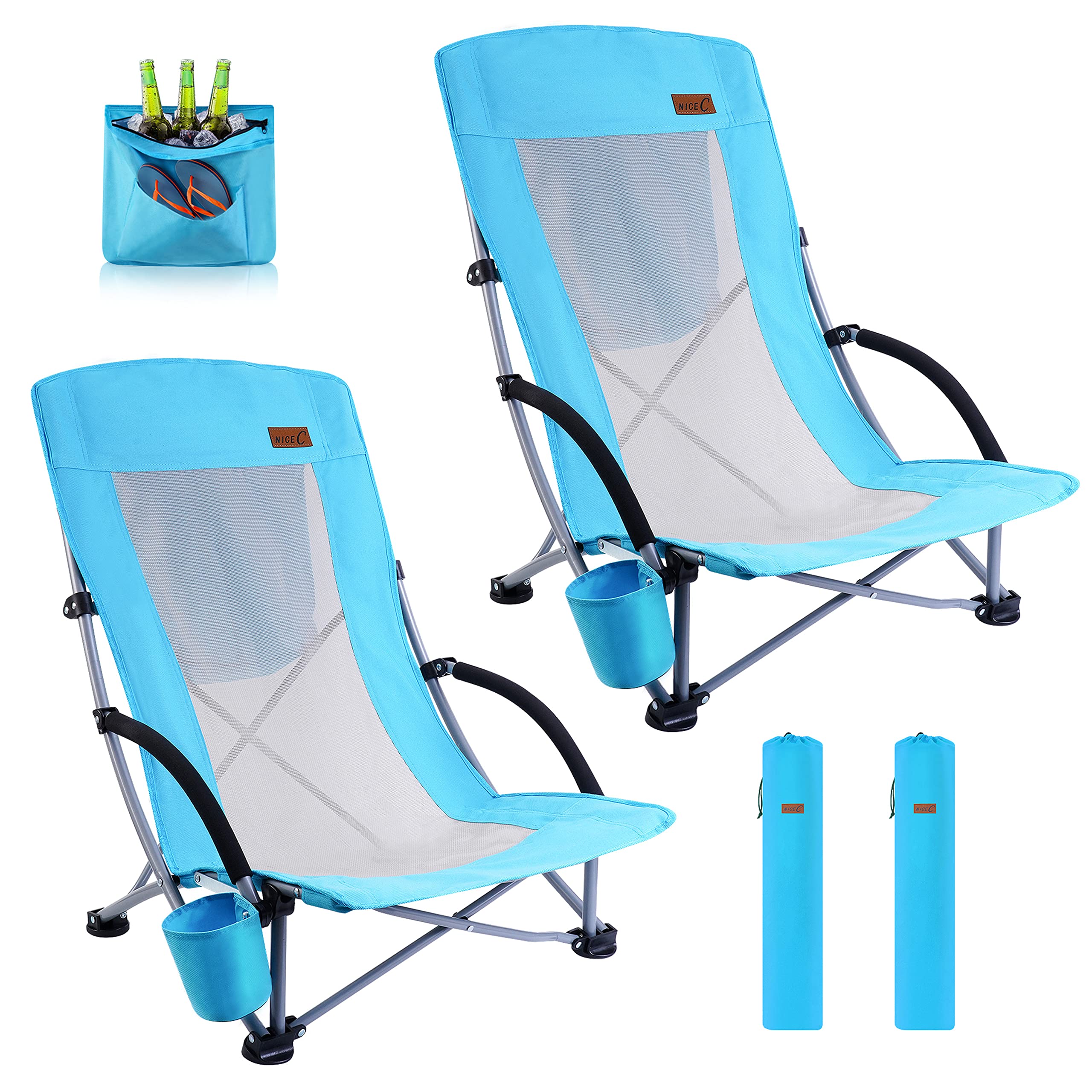 Premium 2-Pack High Back Beach Chairs for Adults with Cooler, Cup Holder & Carry Bag - Heavy Duty Compact Folding Chairs for Outdoor, Camping, BBQ, Travel, Picnic, Festival - Perfect for Beach Vacations, Backyard Relaxing & Summer Adventures (Blue)
