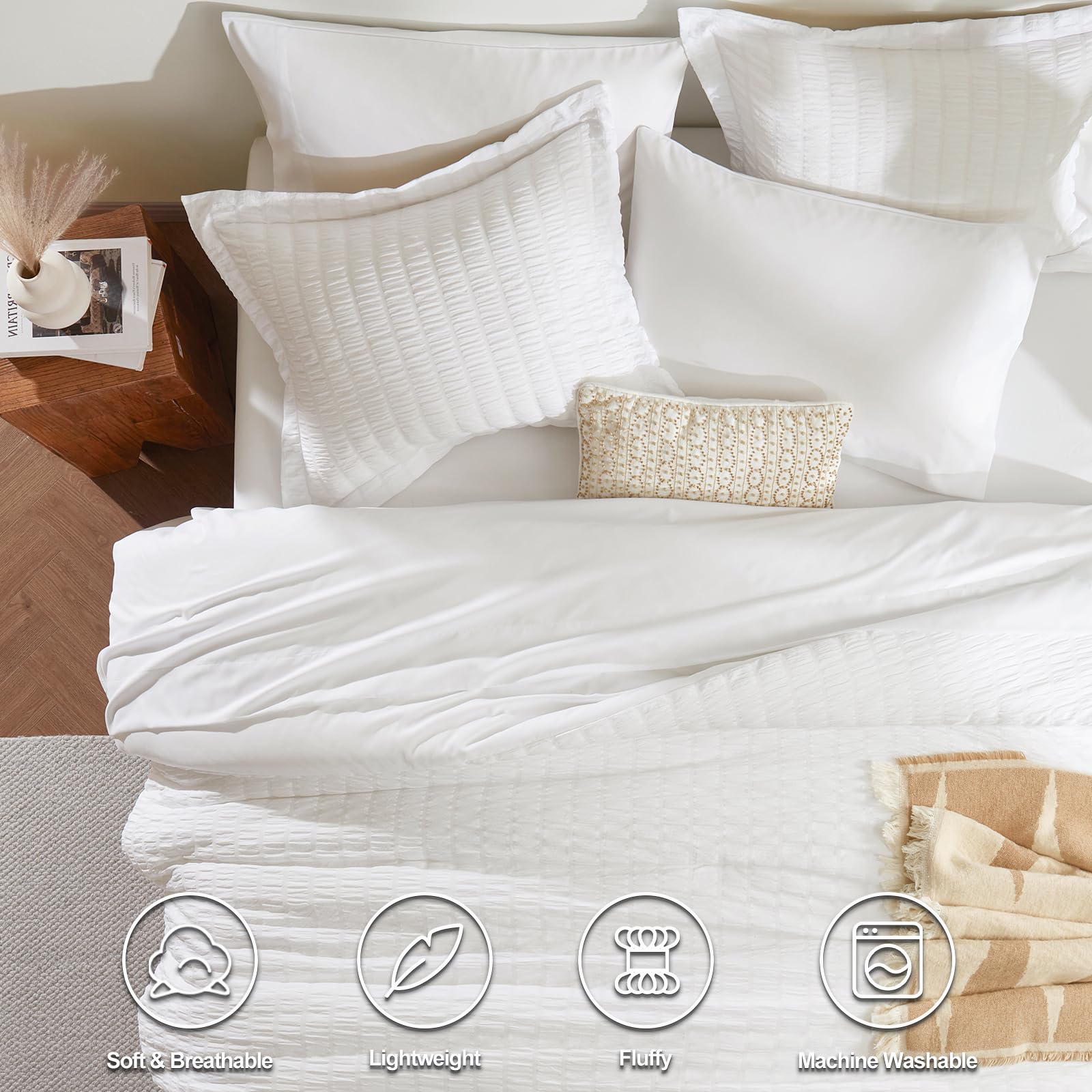 Luxury King Size Comforter Set - 7 Piece White Seersucker Bedding Set with Down Alternative Comforter, Sheets, Pillowcases & Shams | All-Season Soft Bed in a Bag | Perfect for Master Bedroom, Guest Room & Vacation Homes