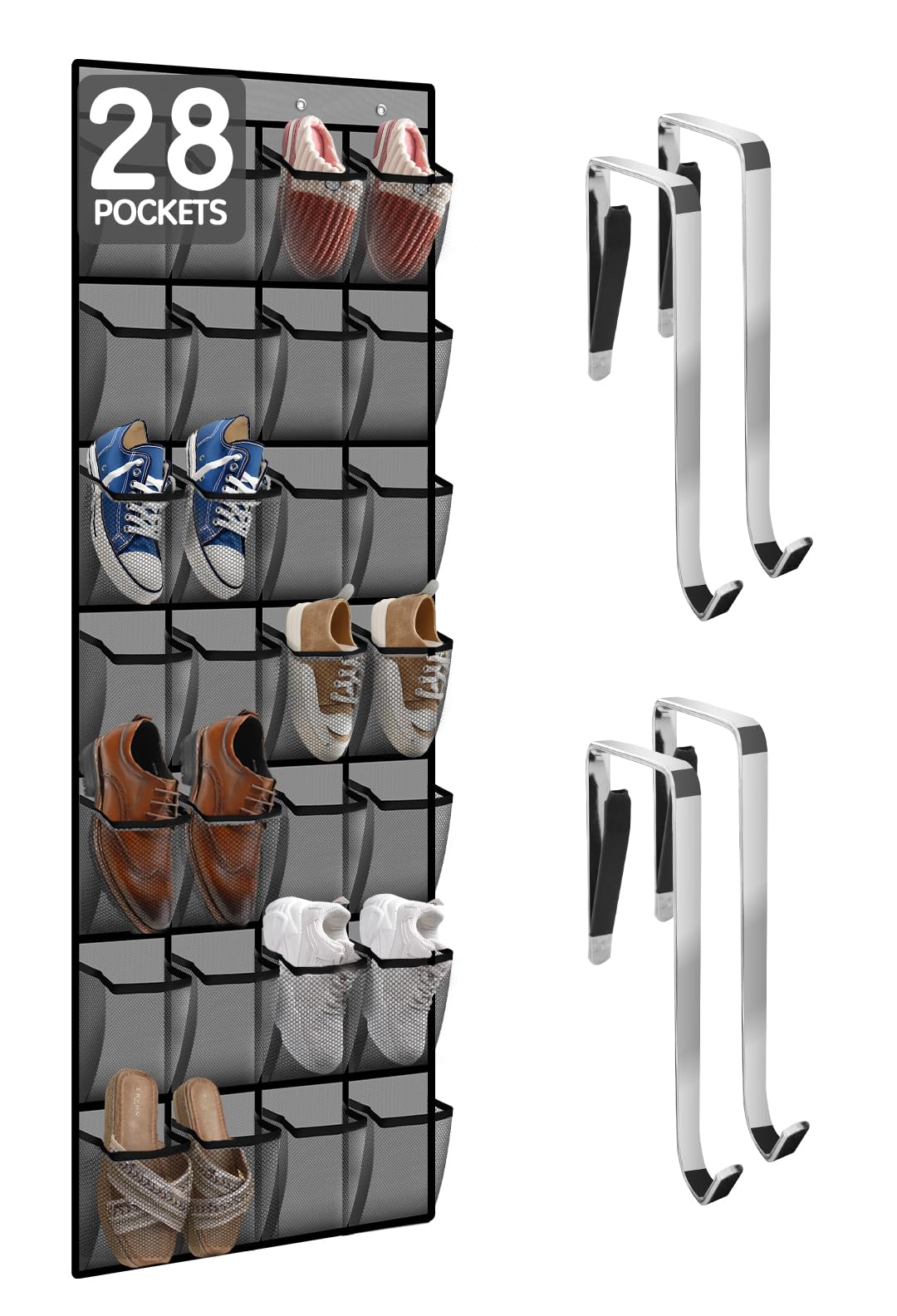 28-Pocket Breathable Mesh Over-the-Door Shoe Organizer for Men & Women - Space Saving Closet Storage Solution for Sneakers, Sandals & Boots (Gray) - Perfect for Bedrooms, Dorms & Entryways