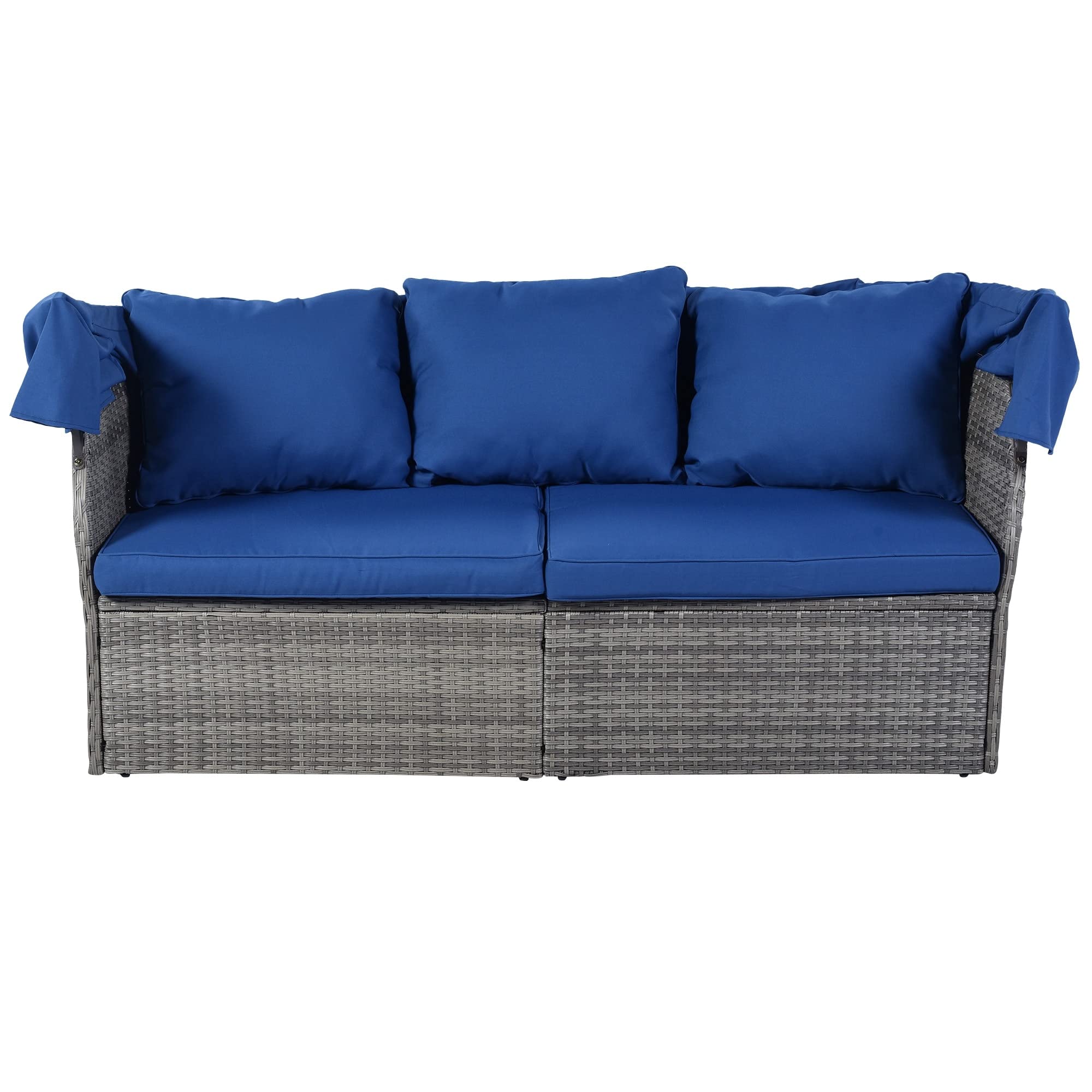 Modern Outdoor Patio Furniture Set - Blue Wicker Daybed Sunbed with Retractable Canopy & Conversation Sofa - Contemporary Rattan Design for Backyard, Poolside, and Garden Relaxation