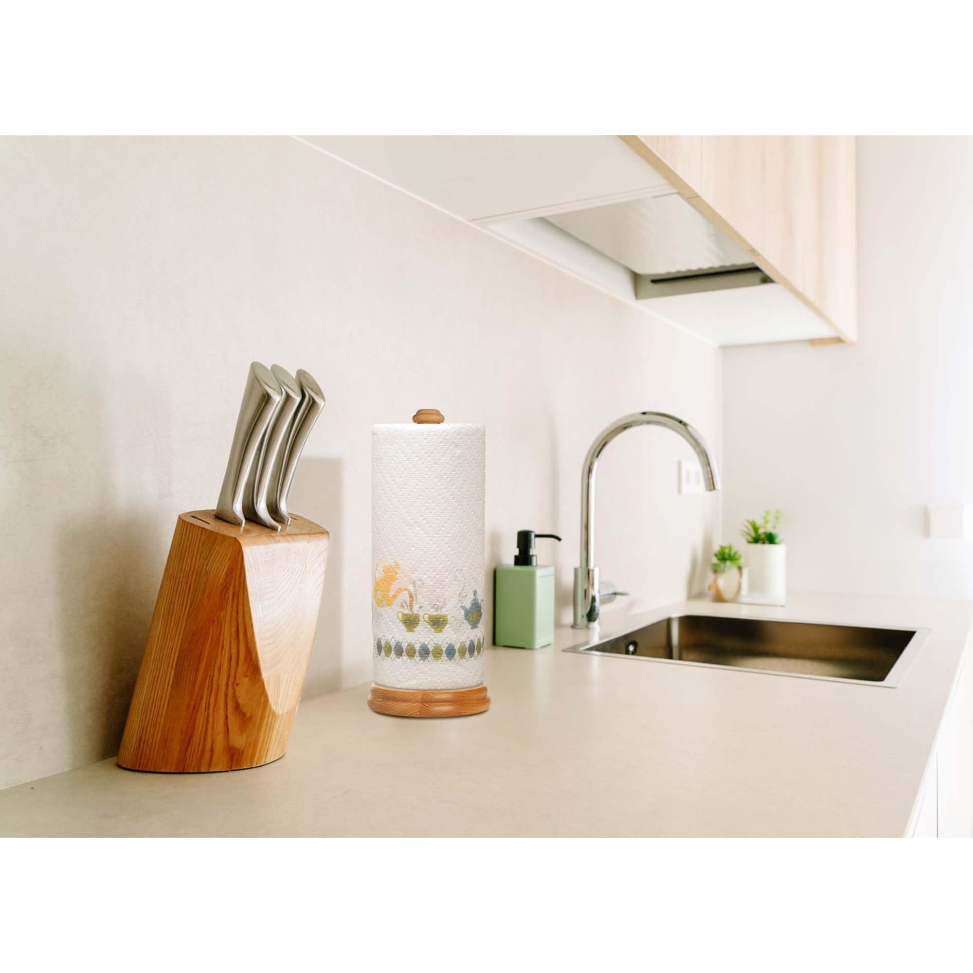 Premium HIC Kitchen Wooden Paper Towel Holder - FSC-Certified Solid Beechwood from Czech Republic - Countertop Organizer for Kitchen, Bathroom, and Office Use