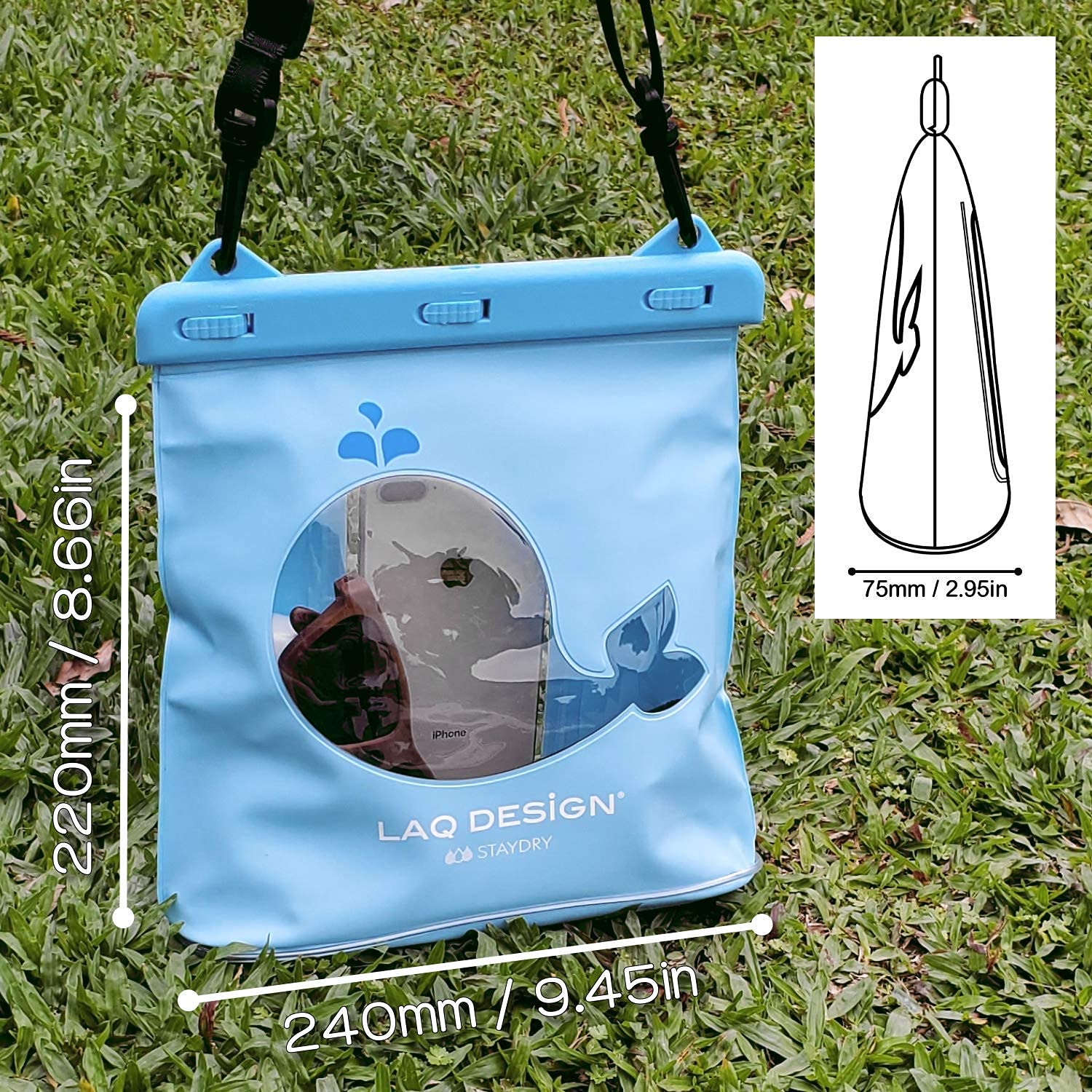 LAQ DESiGN STAYDRY Waterproof Dry Bag - Double Sided Perspective with Adjustable Strap & Touchscreen Compatible Pocket - Perfect for Beach, Kayaking, Hiking and Water Sports (Whale Design)