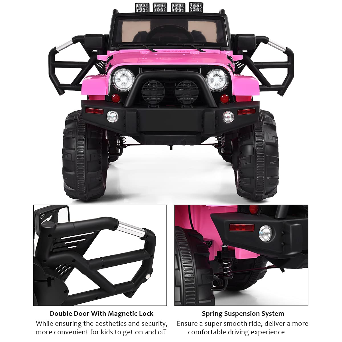 Costzon 12V Electric Ride On Truck for Kids - Battery Powered, Parental Remote Control, LED Lights, Double Doors, Safety Belt, Music & MP3 Player, Spring Suspension - Pink Kids Car for Outdoor & Indoor Play