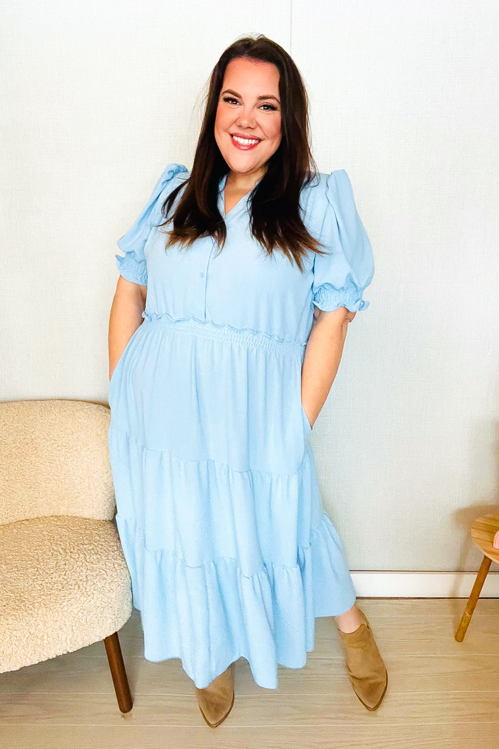 Follow Me Aqua Frill Notch Neck Shirred Waist Tiered Maxi Dress - Elegant Summer Beach Dress for Women, Perfect for Vacations, Weddings & Outdoor Parties